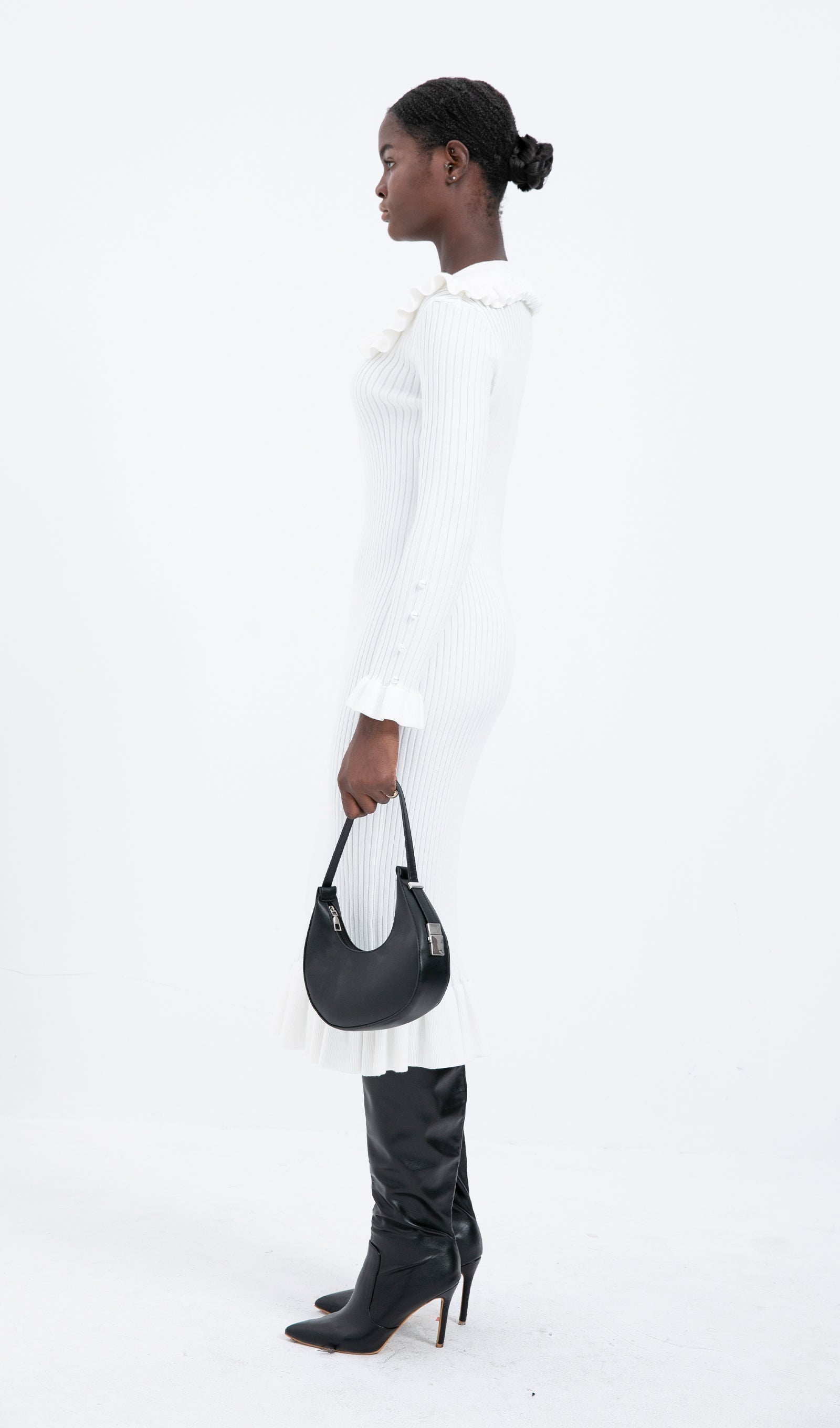 Trendy Örme Fırfırlı Midi Elbise-Beyaz