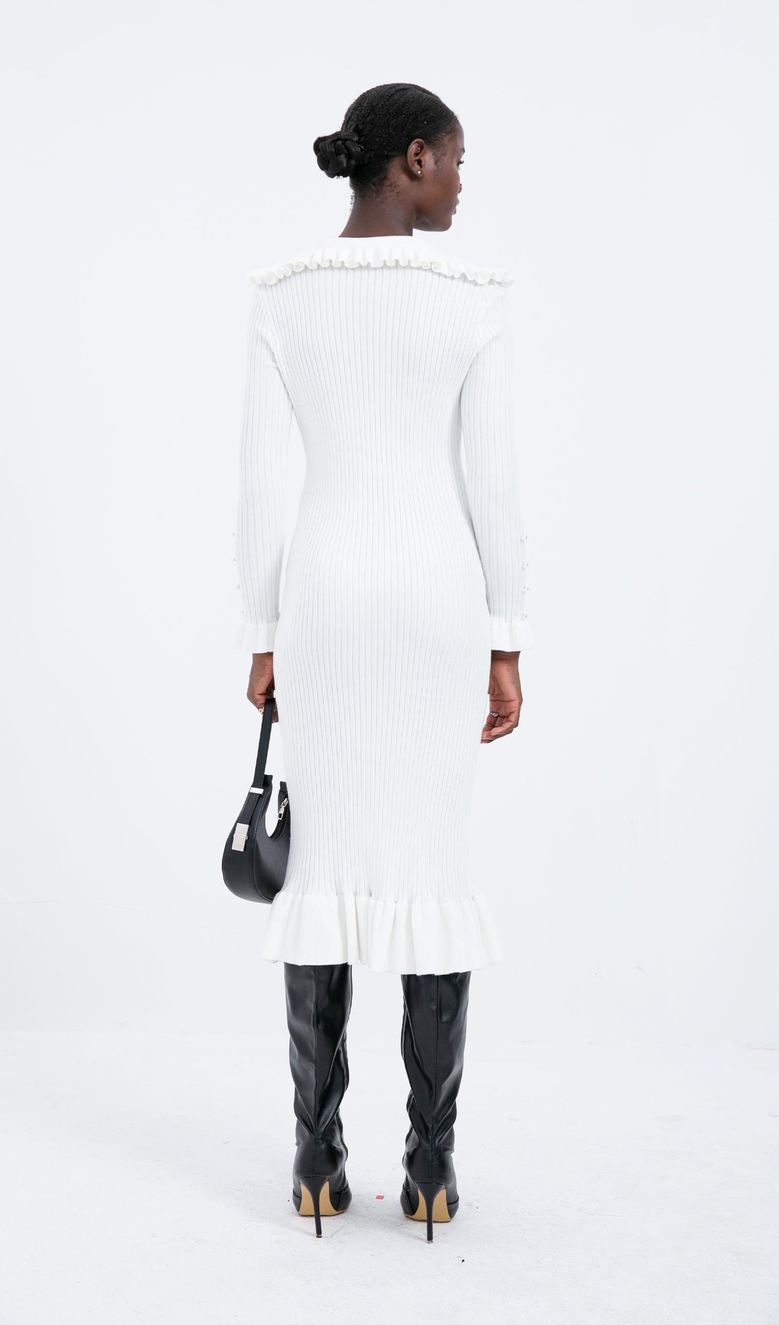 Trendy Örme Fırfırlı Midi Elbise-Beyaz