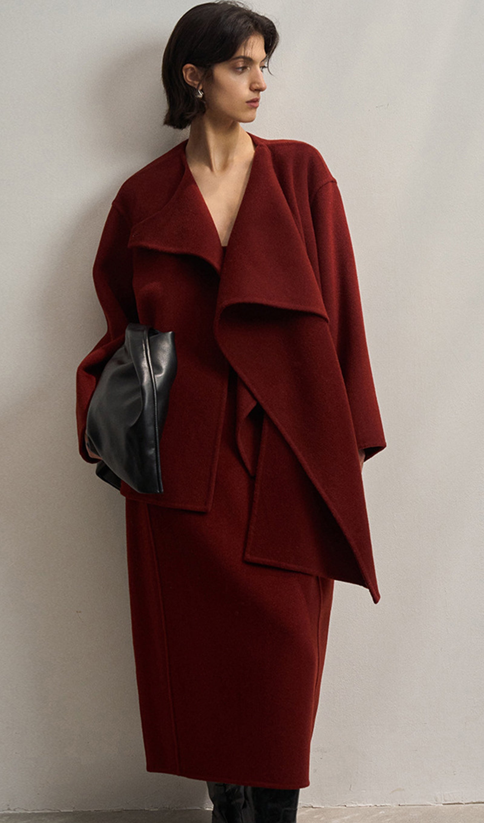 Düz Pelerin Stili %100 Yün Kaban-Şarap Kırmızısı