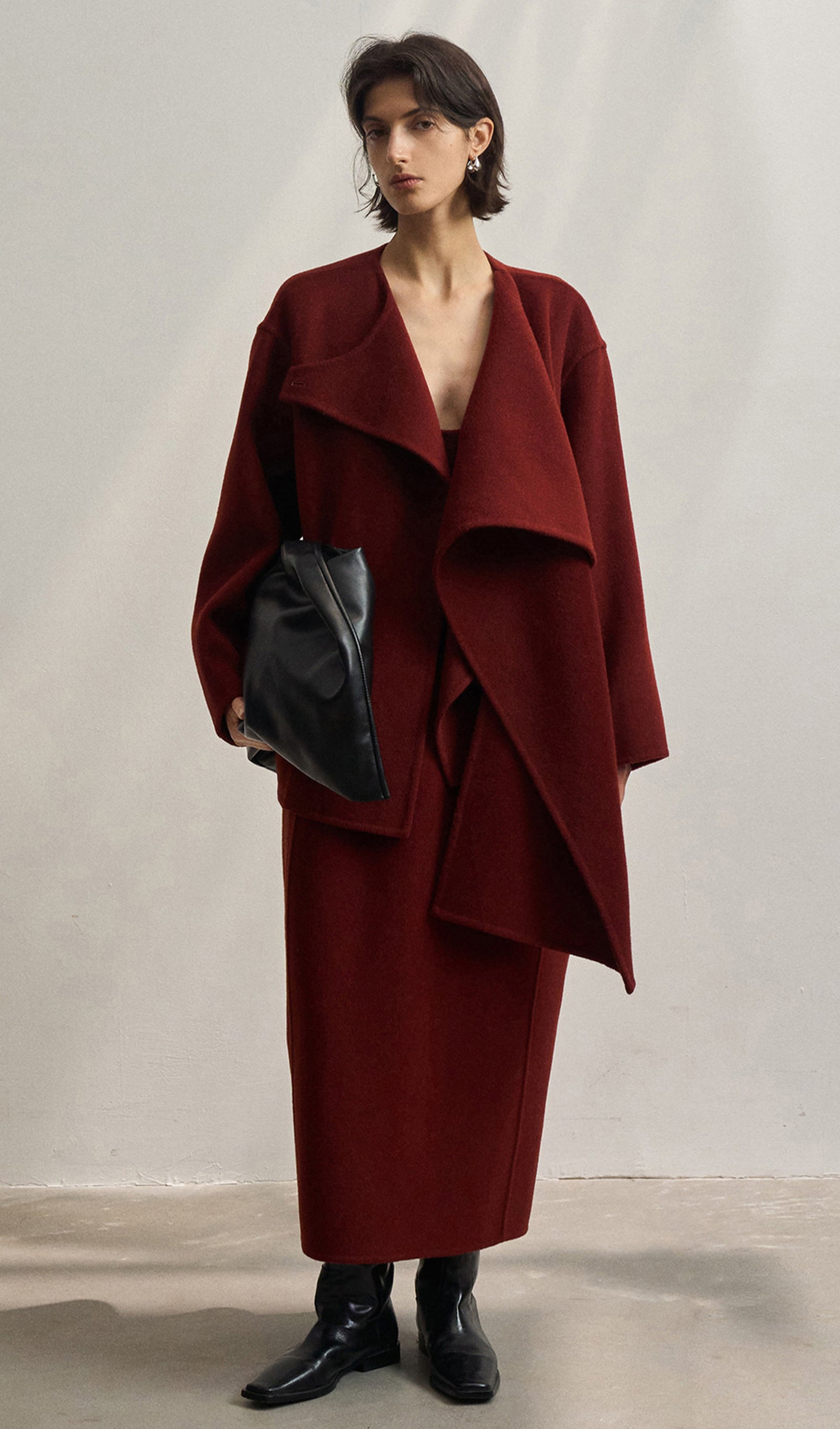 Düz Pelerin Stili %100 Yün Kaban-Şarap Kırmızısı