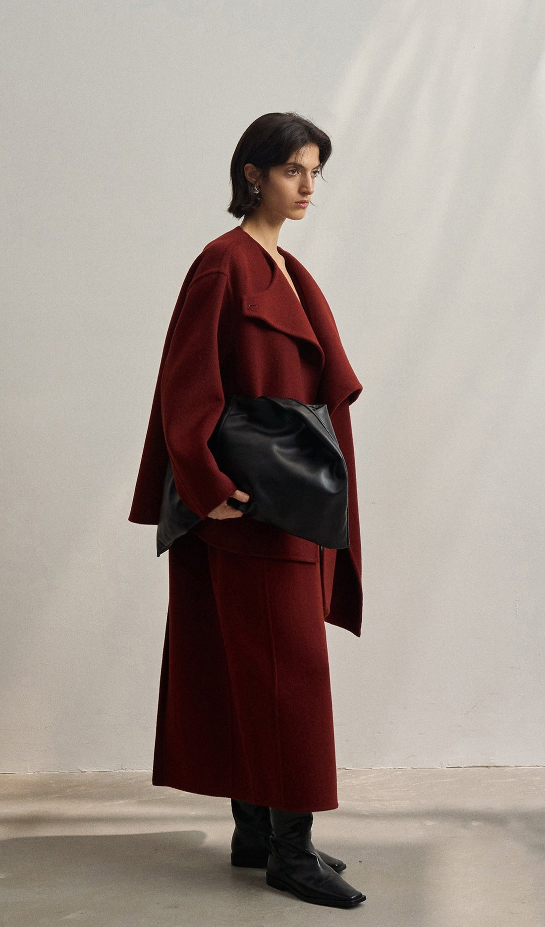 Düz Pelerin Stili %100 Yün Kaban-Şarap Kırmızısı