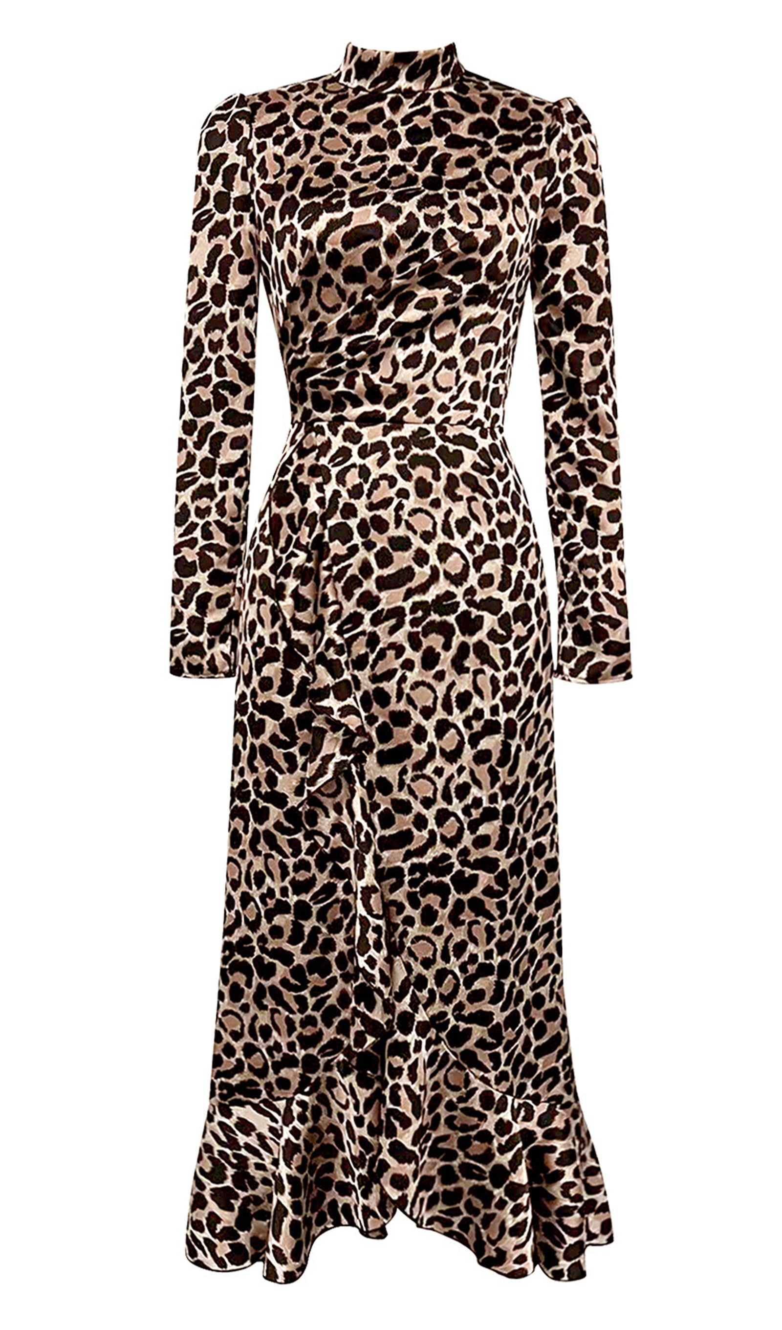 Leopar Desenli Takma Yaka Fırfırlı Maksi Elbise