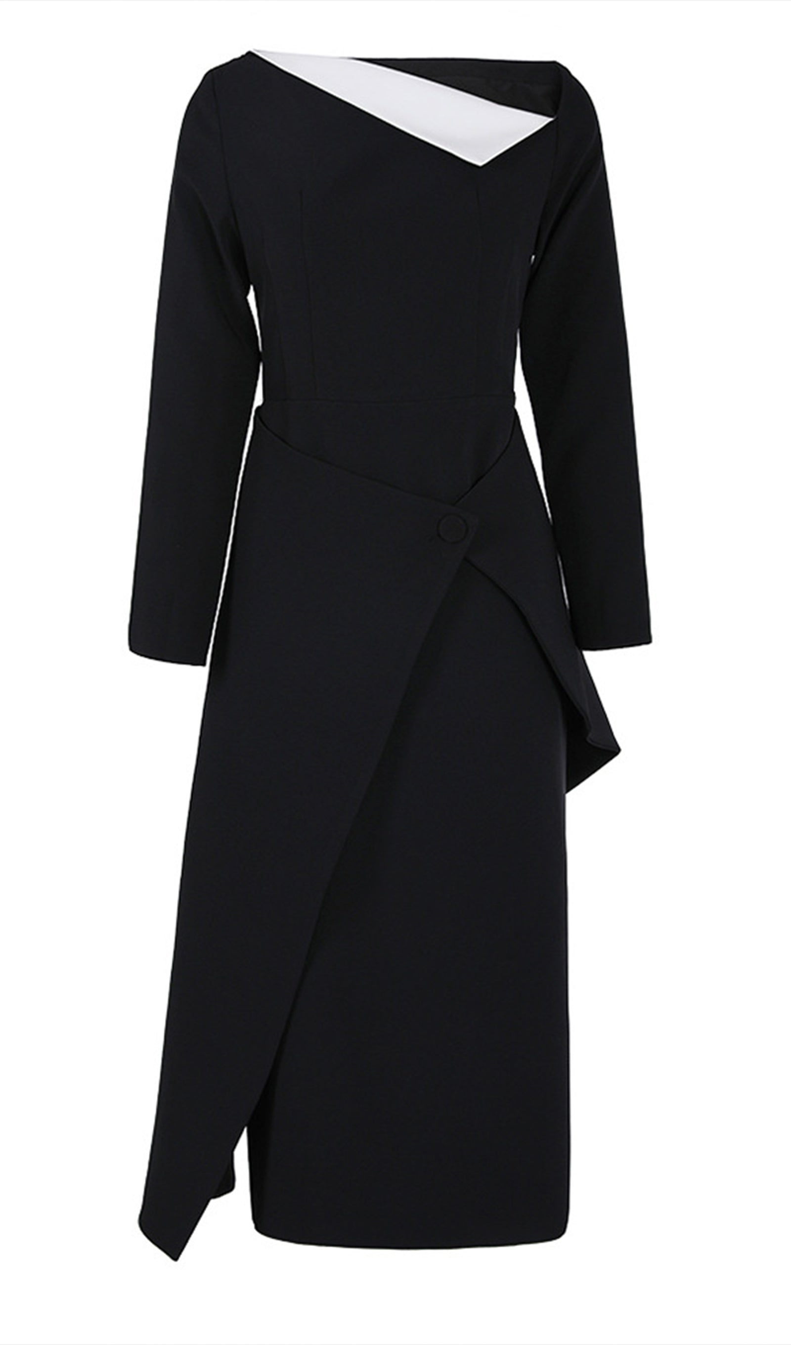 Diyagonal Yaka Çapraz Yırtmaçlı Midi Elbise