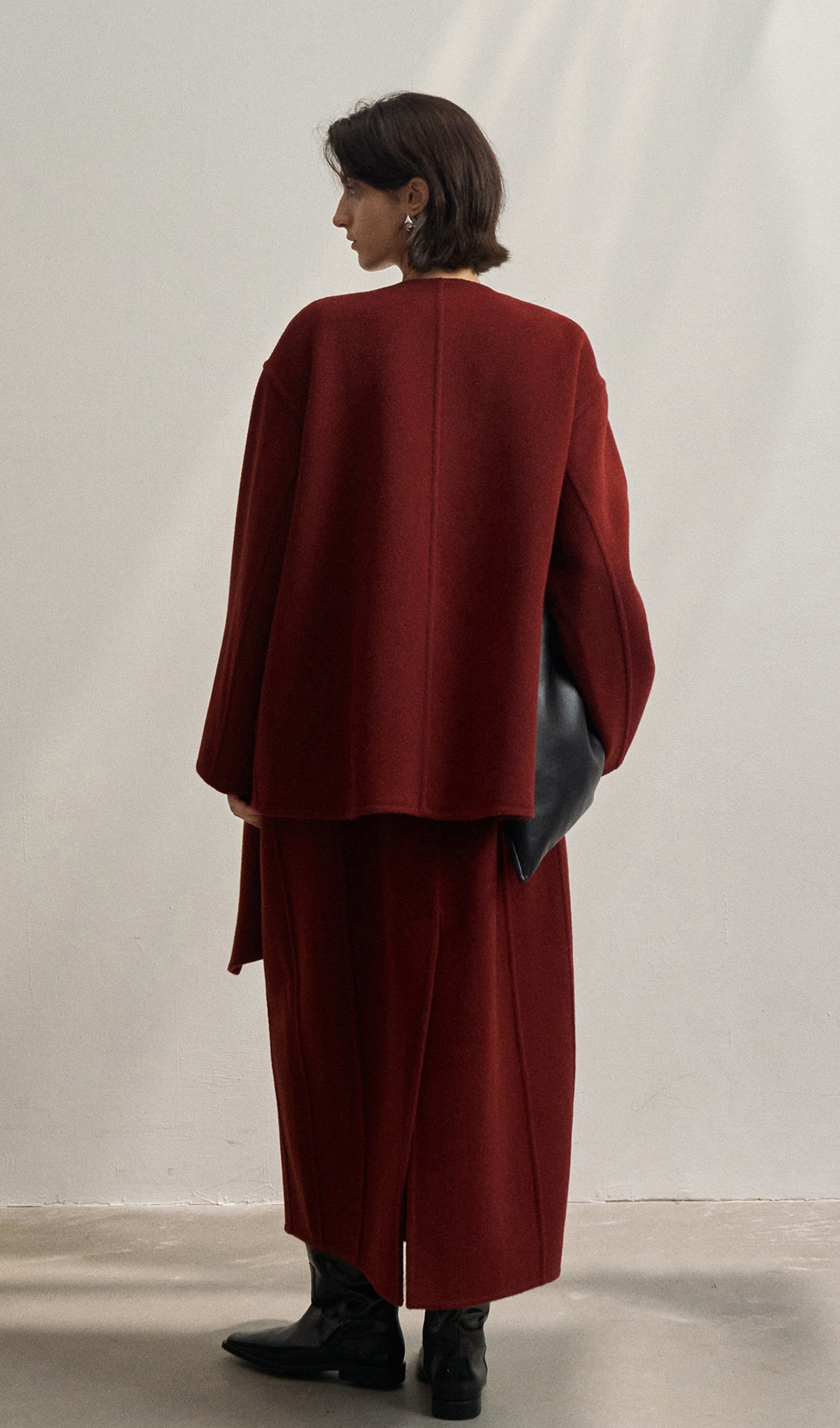 Düz Pelerin Stili %100 Yün Kaban-Şarap Kırmızısı