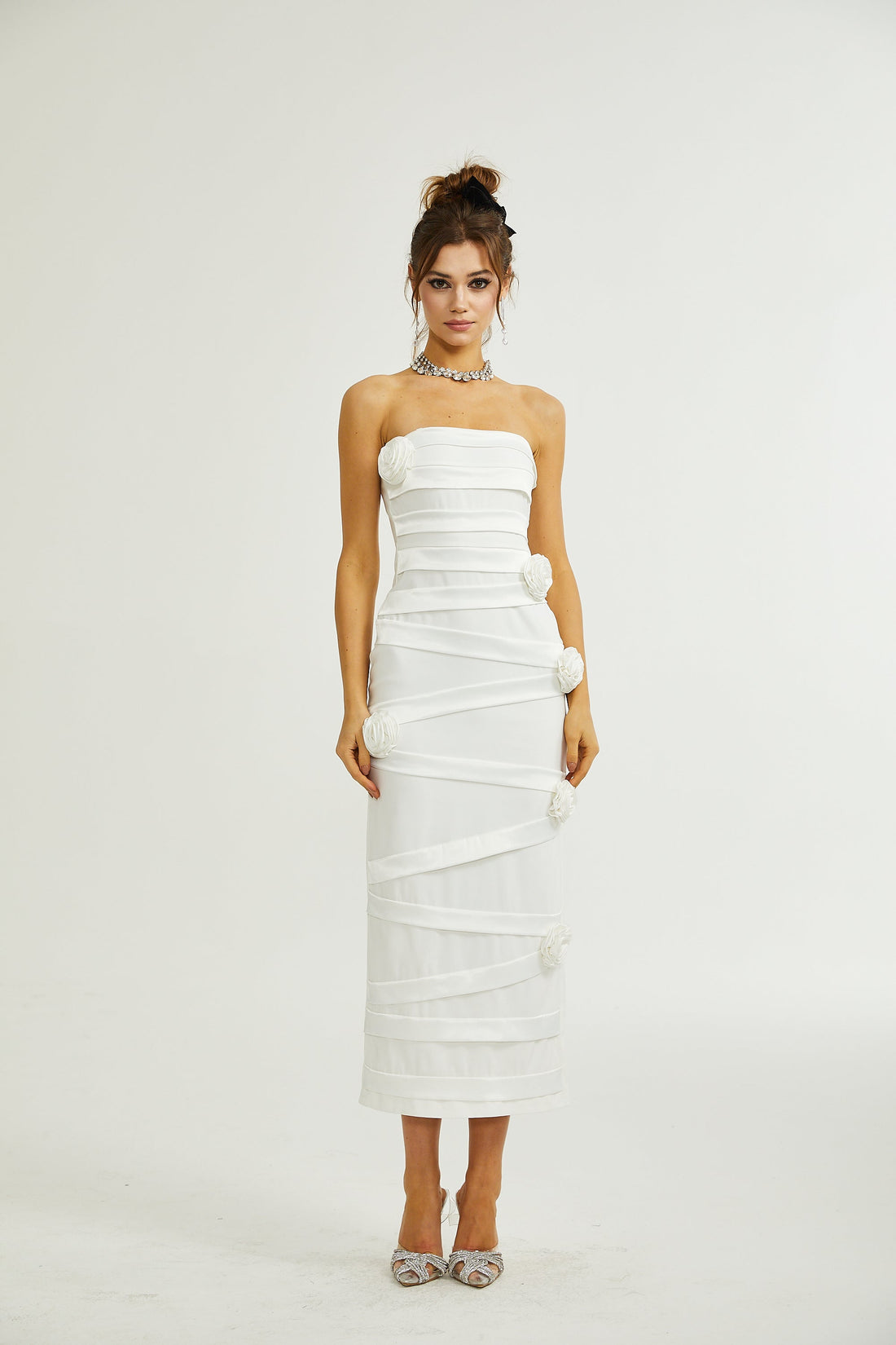 Céleste Çiçekli Omuzları Açık Midi Elbise