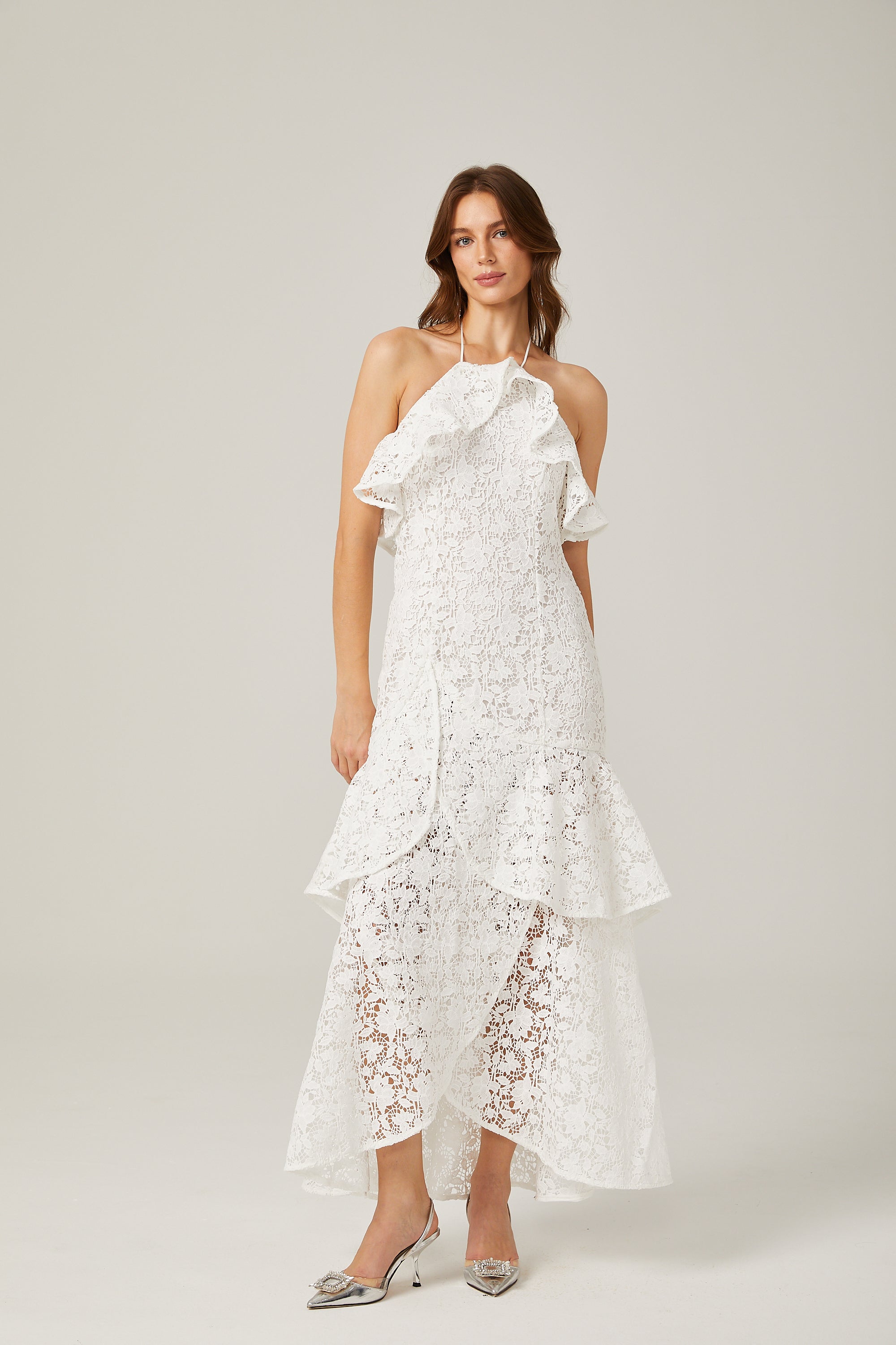 Sancia beyaz fırfırlı güpür dantel Maxi elbise