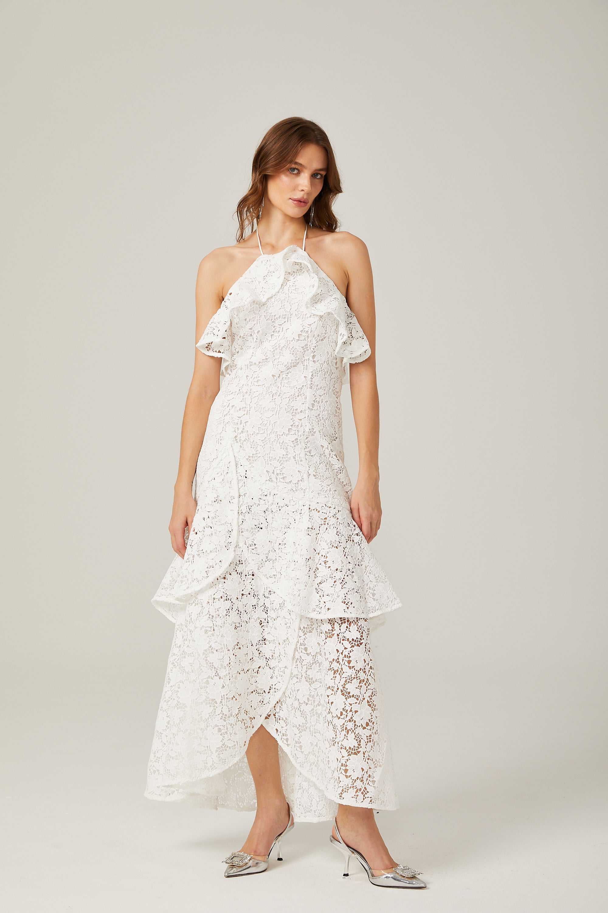 Sancia beyaz fırfırlı güpür dantel Maxi elbise