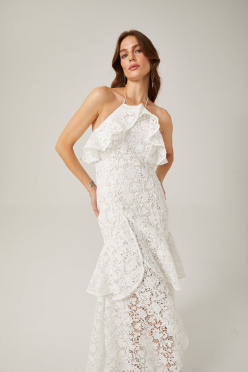 Sancia beyaz fırfırlı güpür dantel Maxi elbise