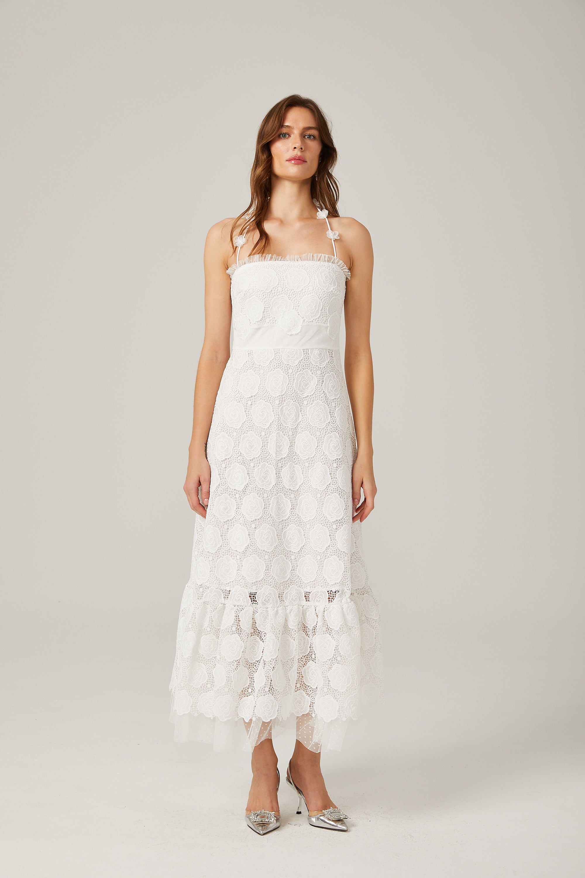 Rosalie dantel suni çiçekli askılı midi elbise