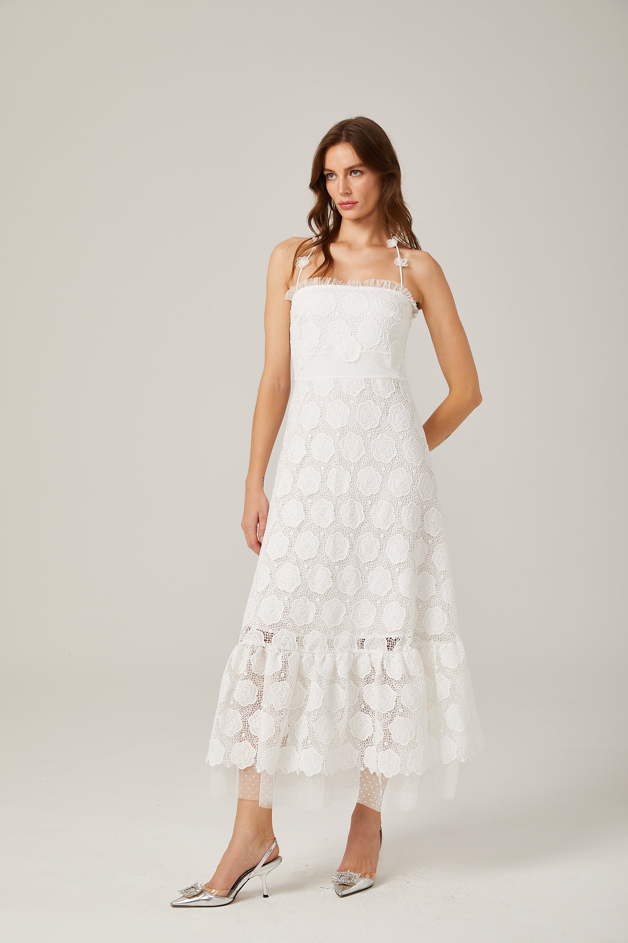 Rosalie dantel suni çiçekli askılı midi elbise