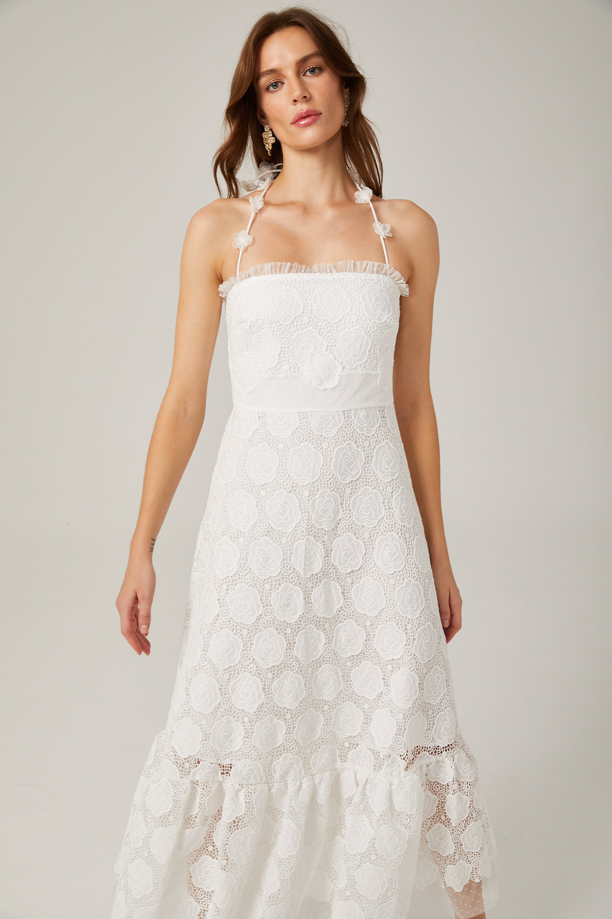 Rosalie dantel suni çiçekli askılı midi elbise