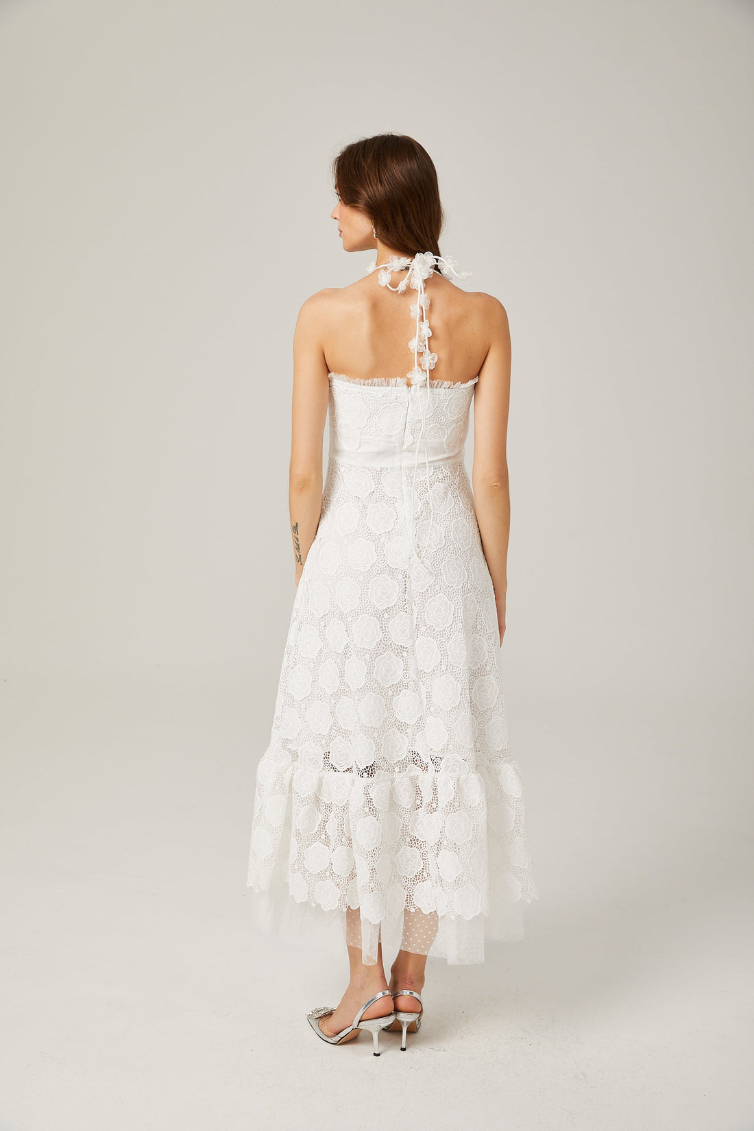 Rosalie dantel suni çiçekli askılı midi elbise