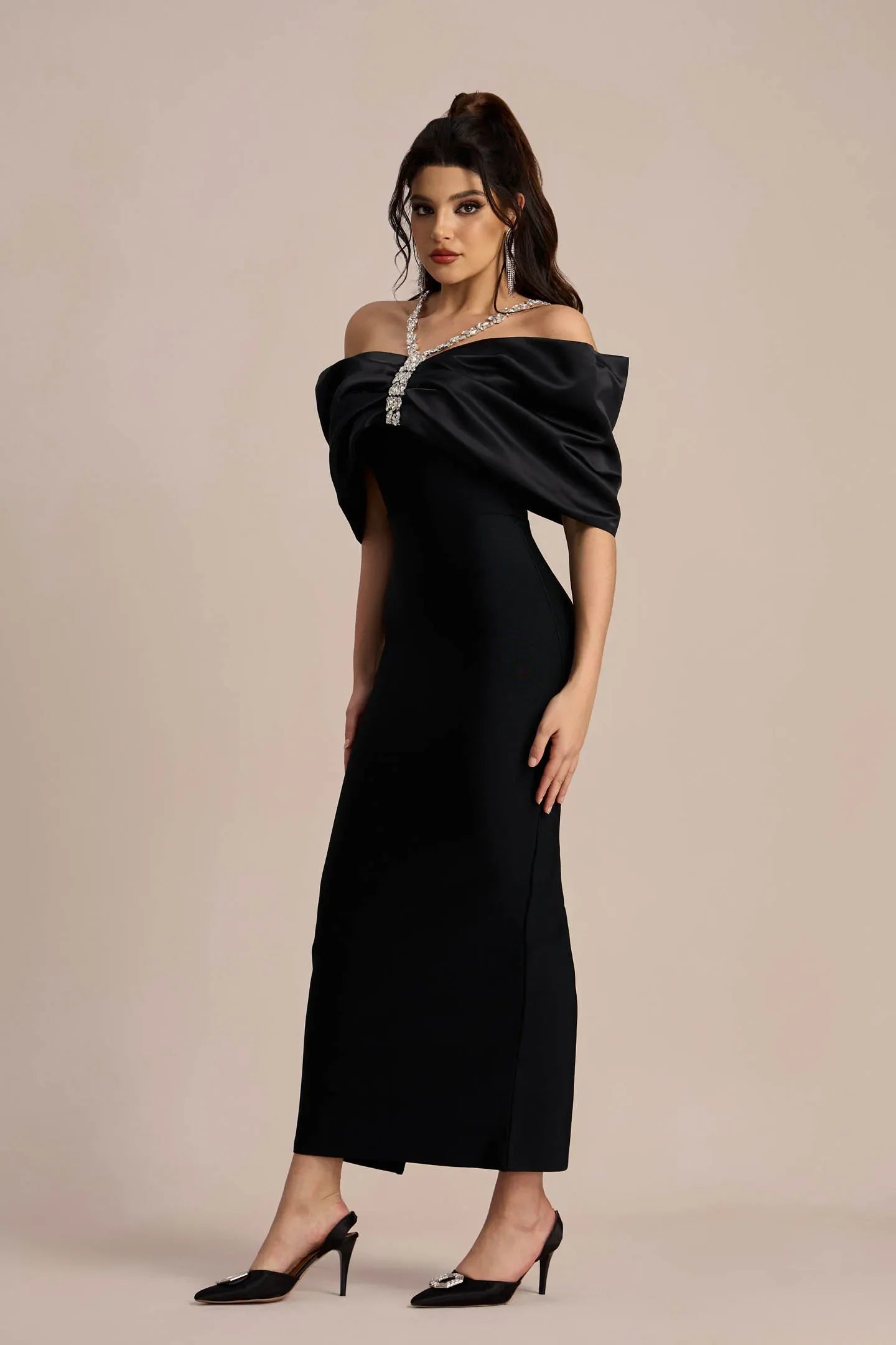 Leonya Omuzları Açık Midi Elbise