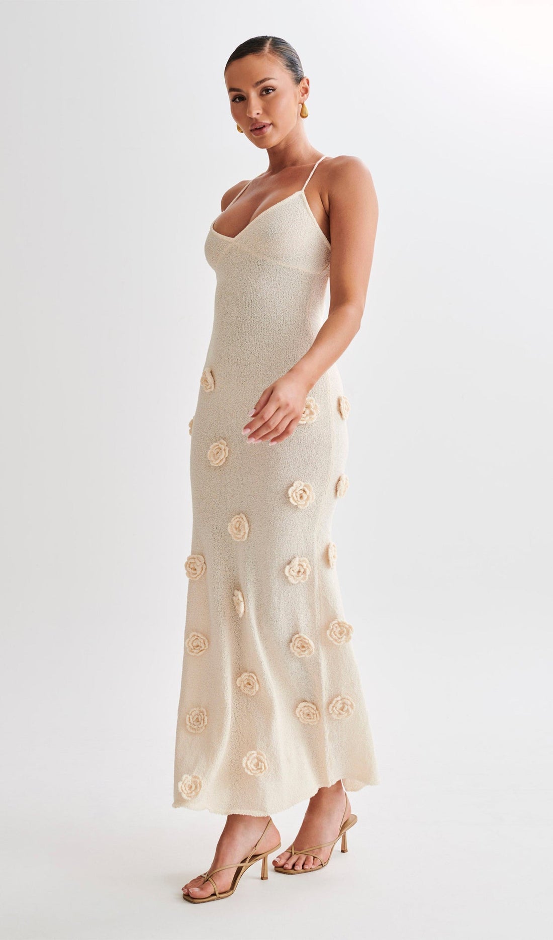 Çiçekli Örgü Maksi Elbise-Koyu Beyaz