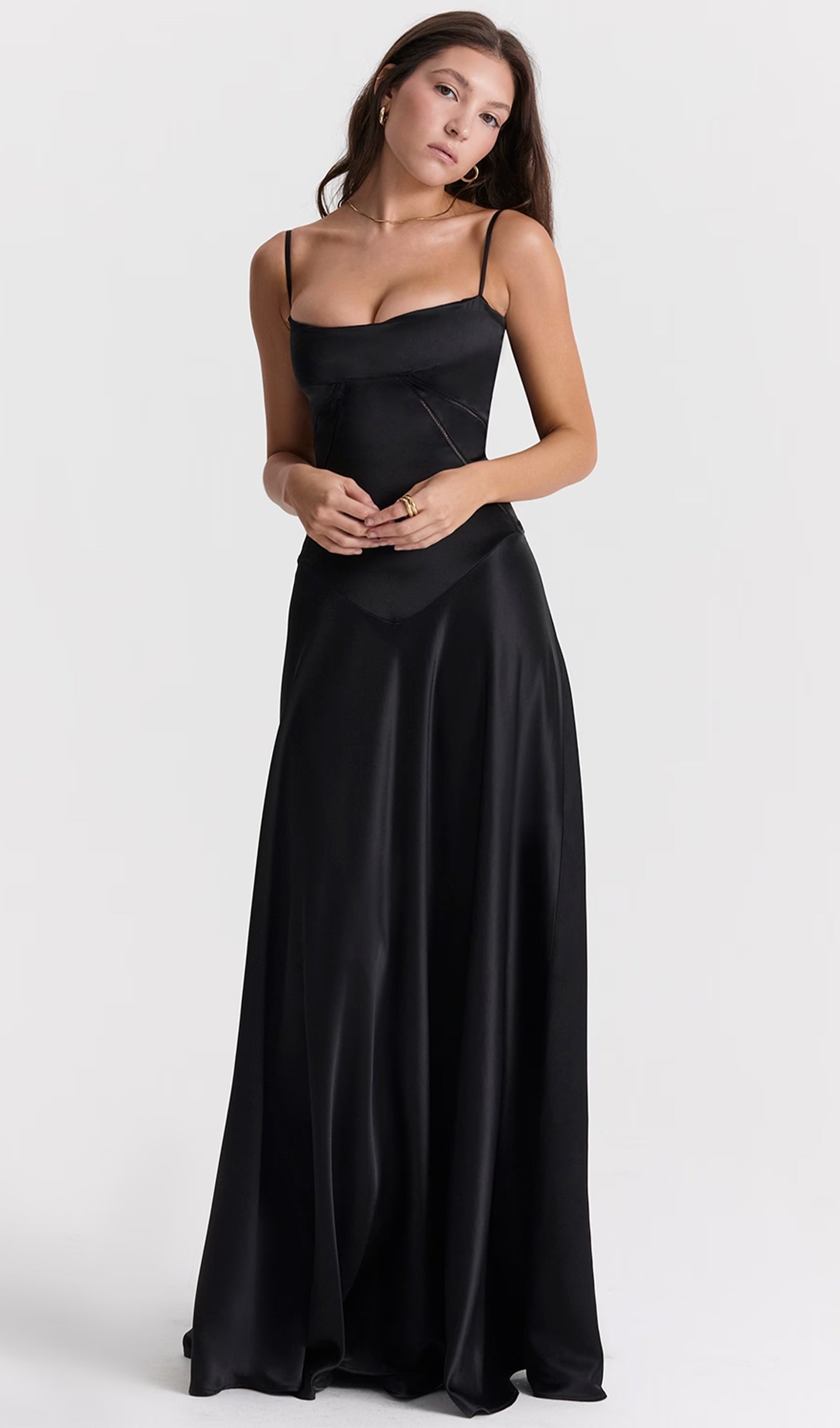 Saten Dantelli Maksi Elbise