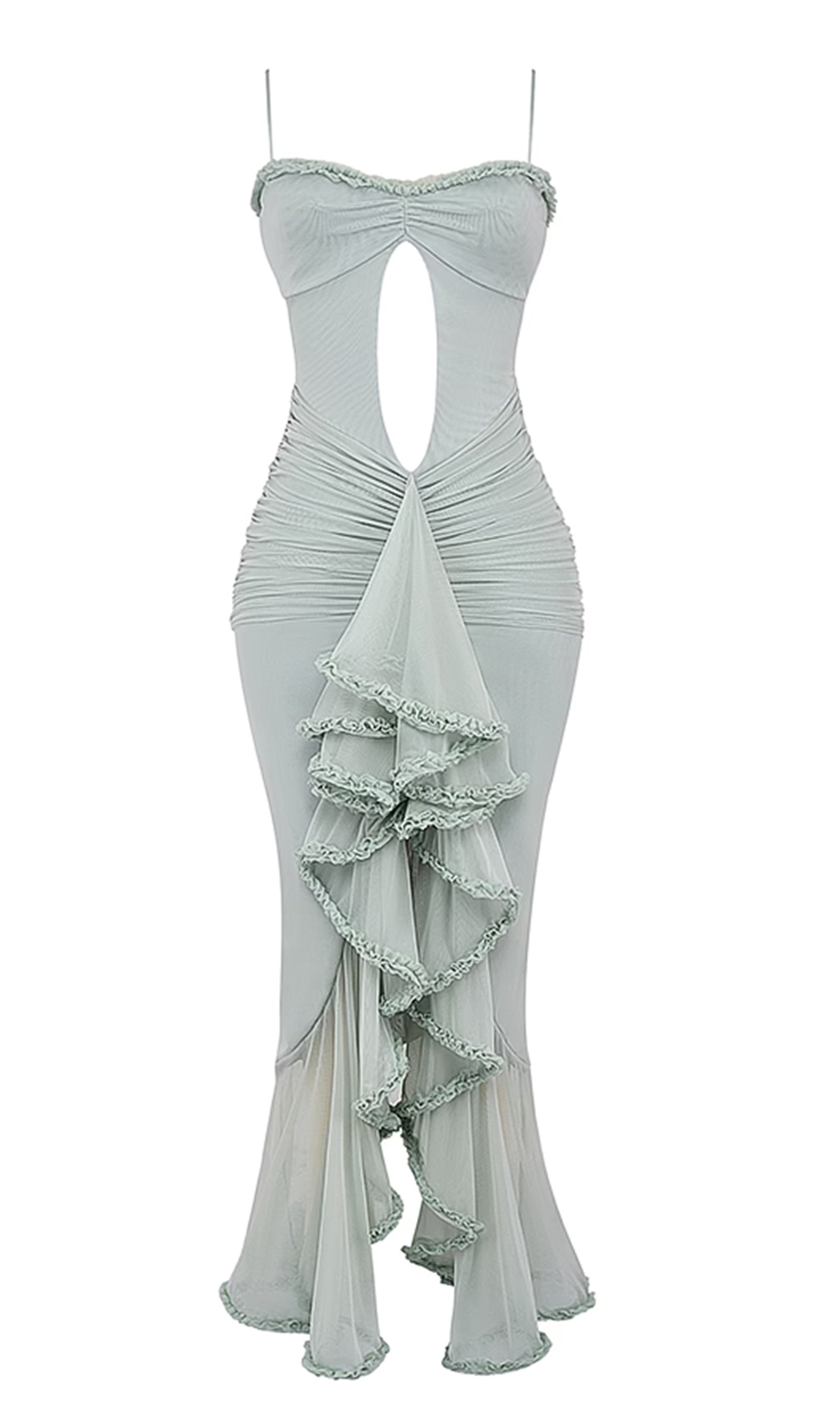 Fırfırlı Önden Elbiseli Maksi Elbise-Yeşil