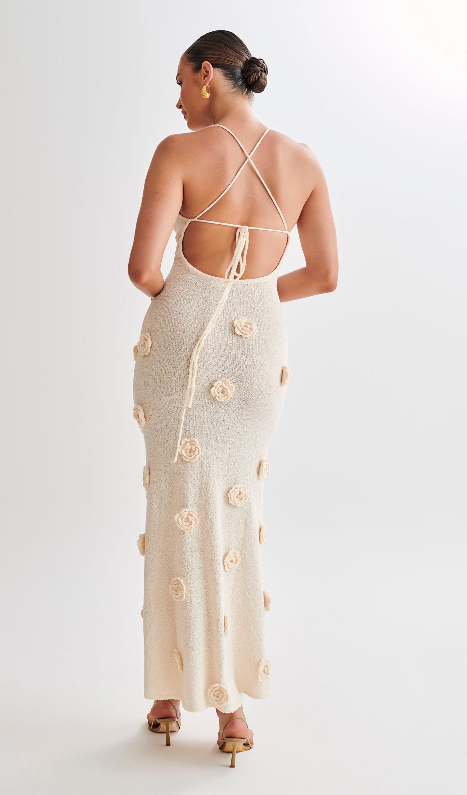 Çiçekli Örgü Maksi Elbise-Koyu Beyaz