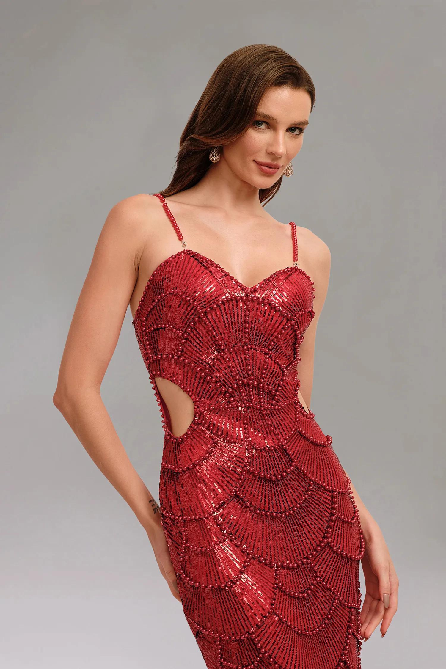 Teressa Kırmızı İnci İşlemeli Askılı Maxi Elbise