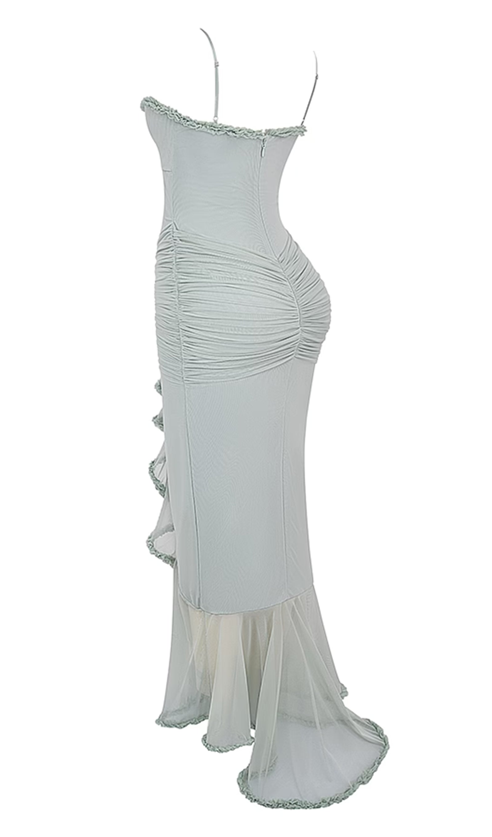 Fırfırlı Önden Elbiseli Maksi Elbise-Yeşil