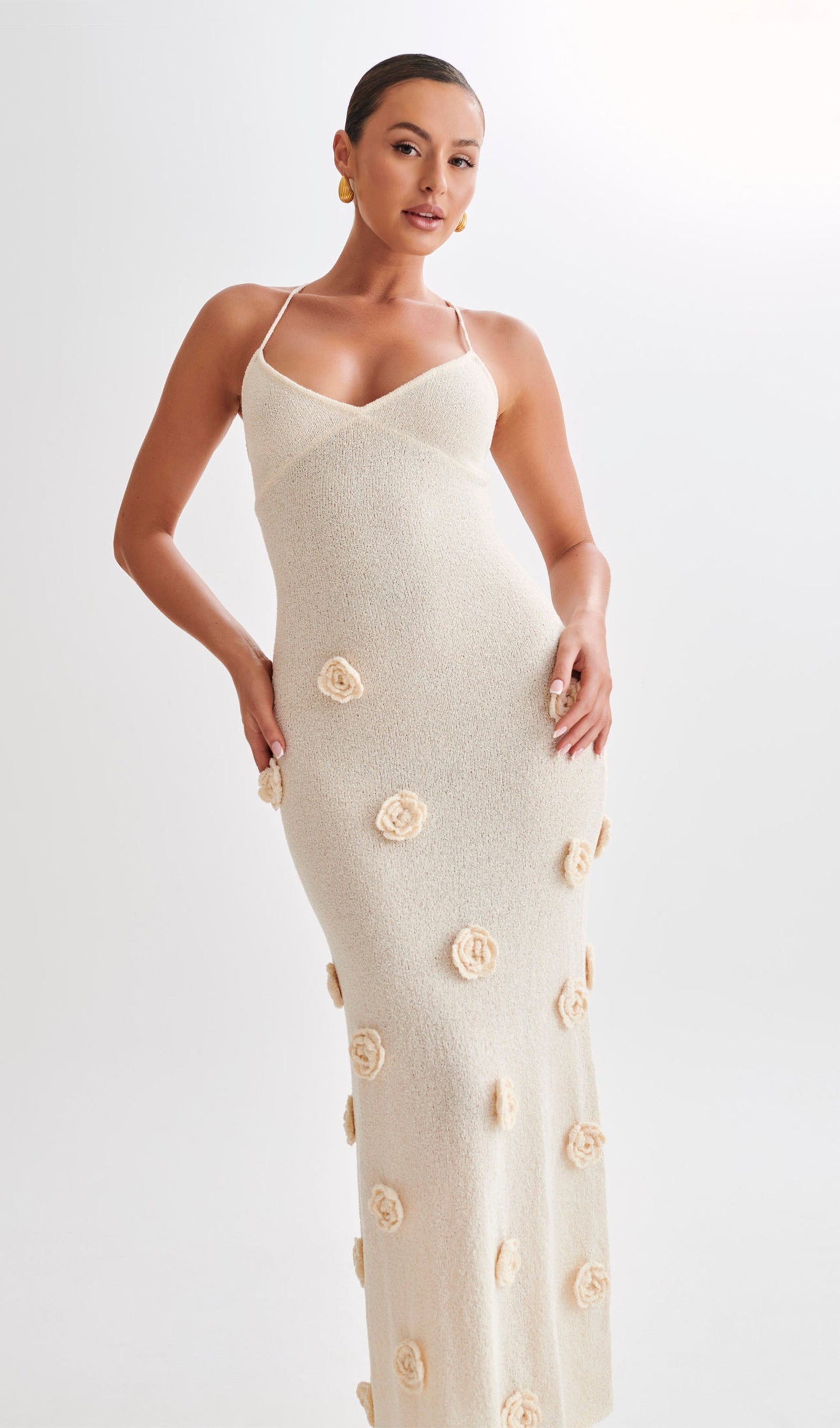 Çiçekli Örgü Maksi Elbise-Koyu Beyaz