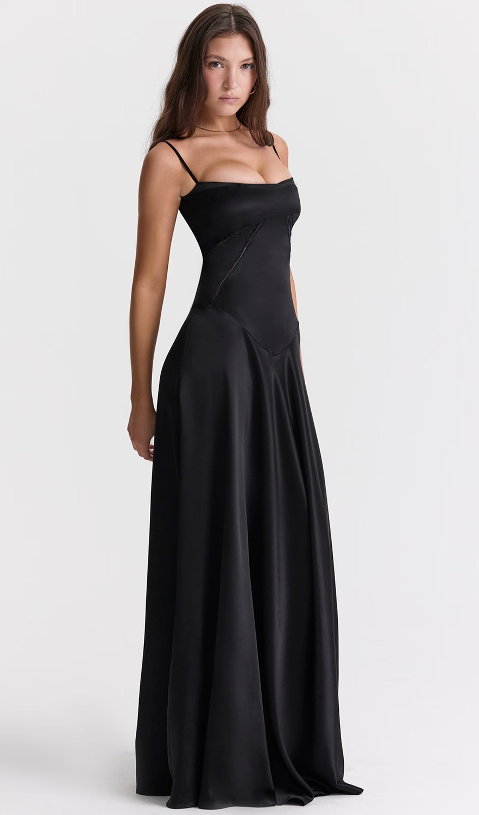 Saten Dantelli Maksi Elbise