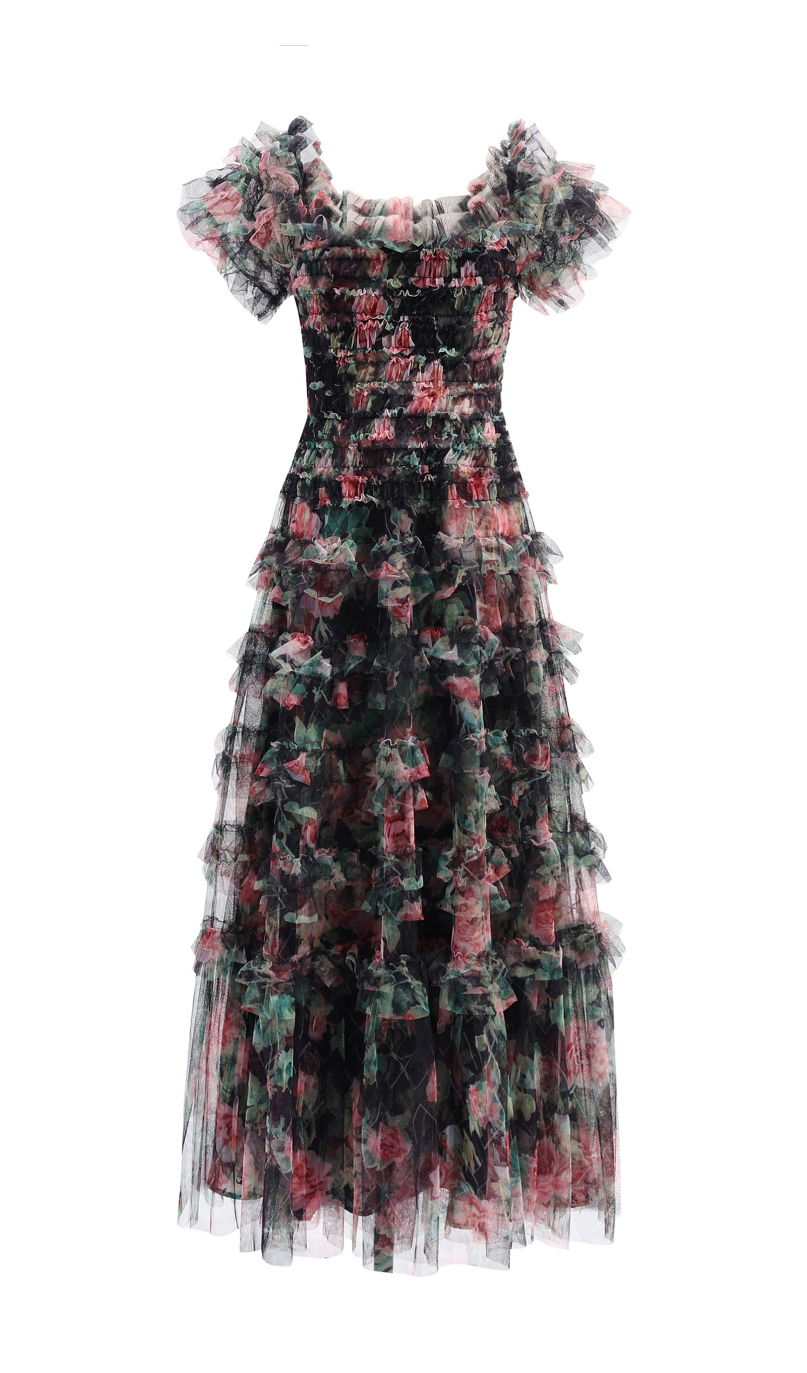 Kapalı Omuz Çiçekli Fırfırlı Örgü Maksi Elbise