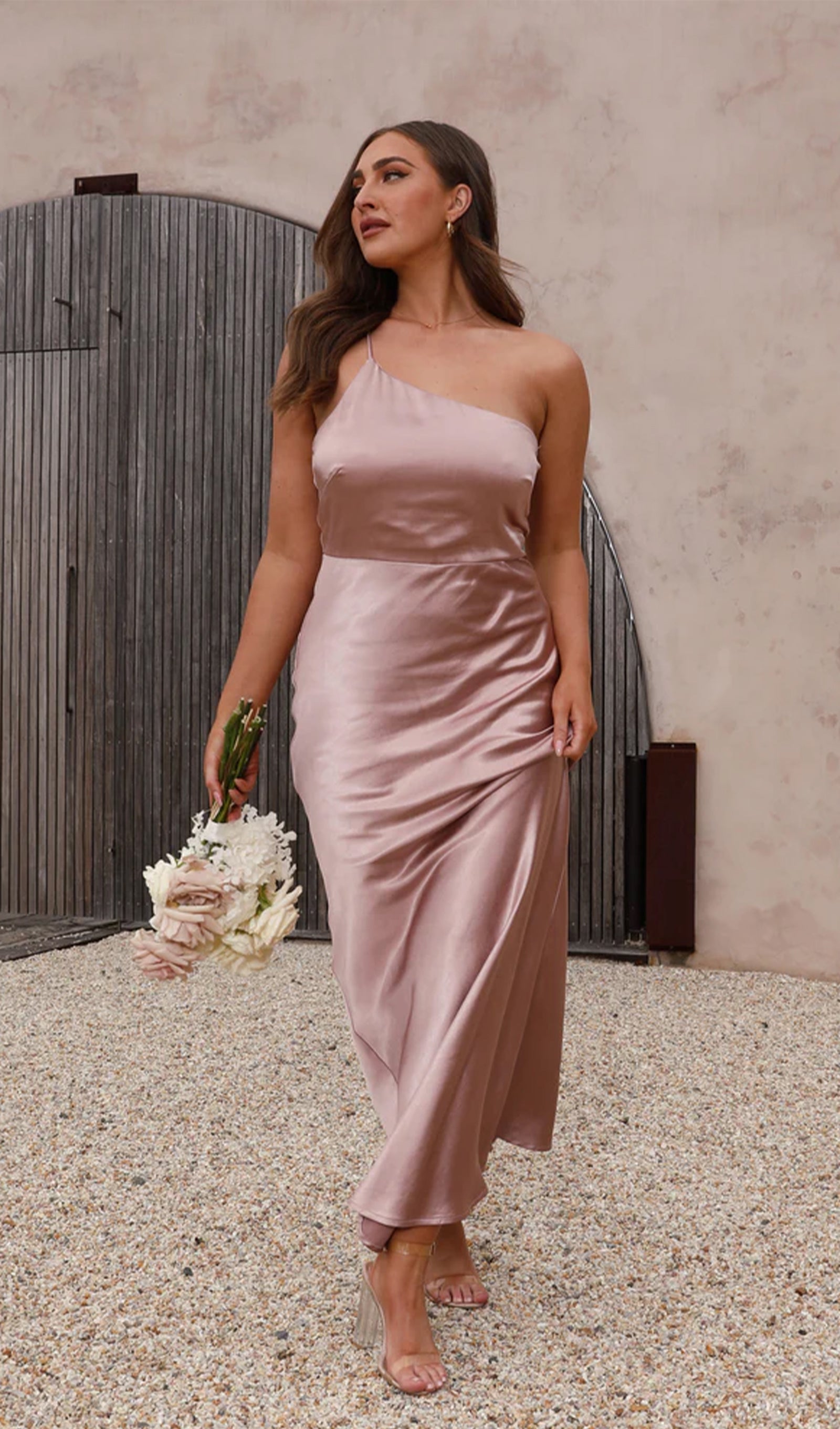 Saten Tek Omuz Askılı Maksi Elbise