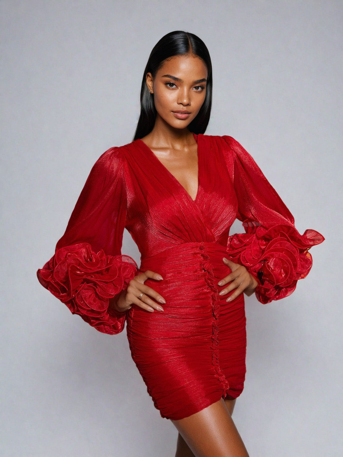 Anneline Kırmızı V Yaka Dantelli Mini Elbise