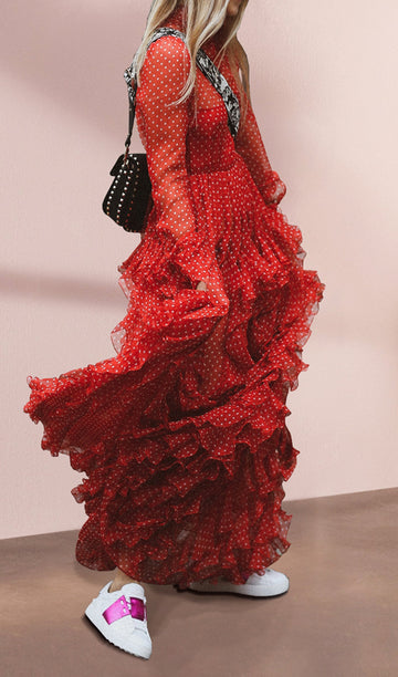 Vintage Görünümlü Puantiyeli Fırfırlı Maksi Elbise Kırmızı