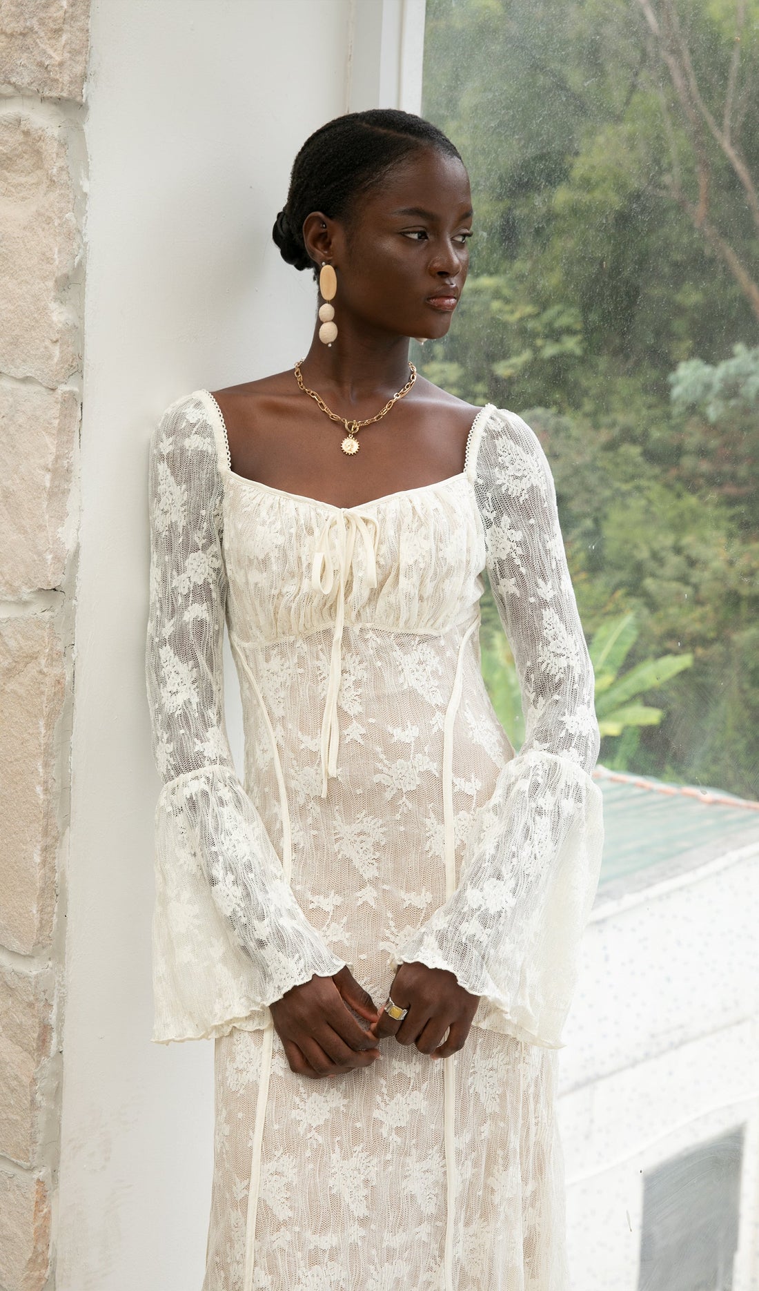 Trendy Vintage Krem Dantel Maksi Elbise