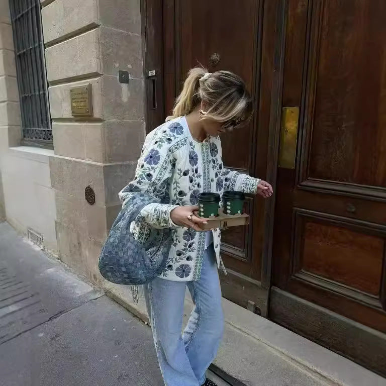 Günlük Sokak Çiçekleri Dantel Yukarı Düğmeler Patchwork O Yaka Dış Giyim