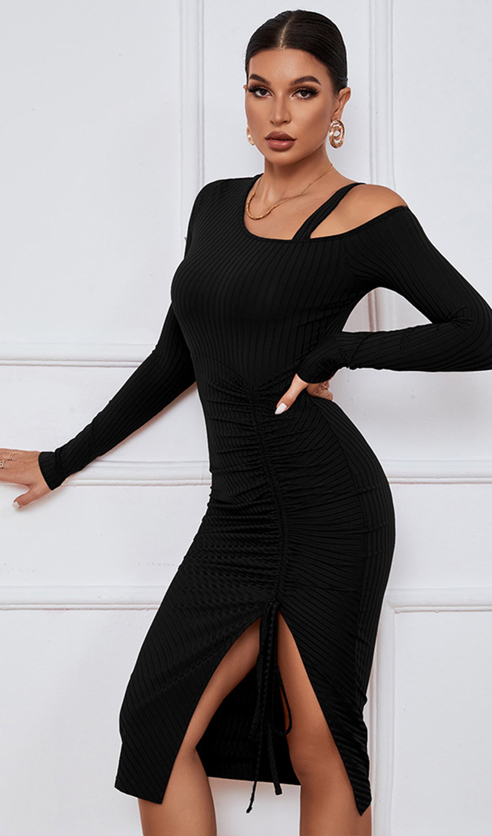 Solid Pileli Yırtmaçlı Midi Elbise