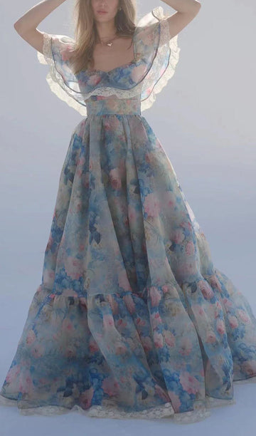 Çiçekli Fırfırlı V Yaka Fit ve Flare Maksi Elbise