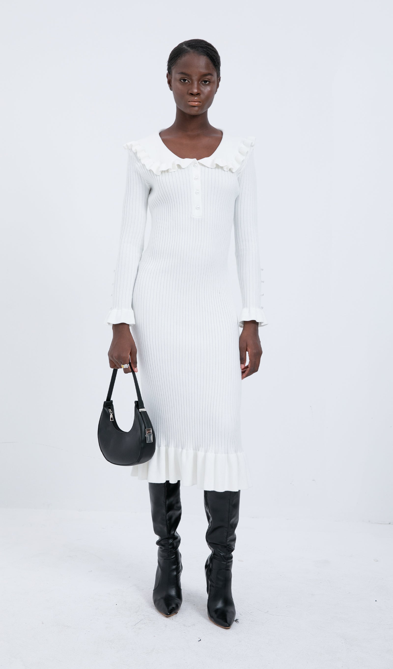 Trendy Örme Fırfırlı Midi Elbise-Beyaz