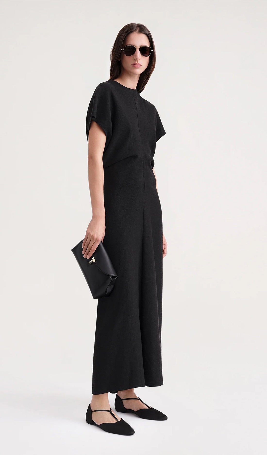 Slouch Bel Saten Midi Elbise-Siyah