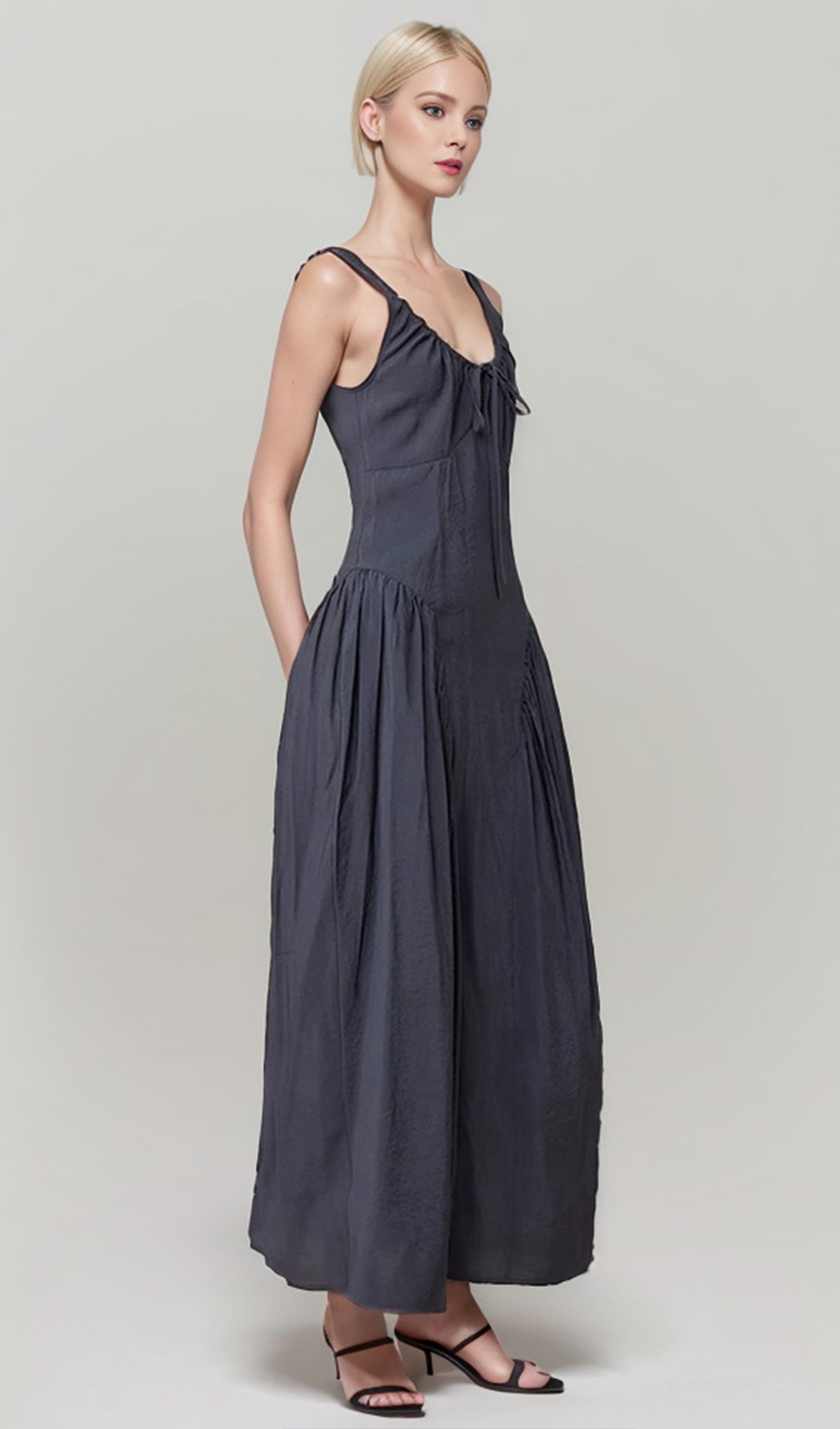 Düz Dantelli Önü Kravatlı Maksi A-Line Elbise