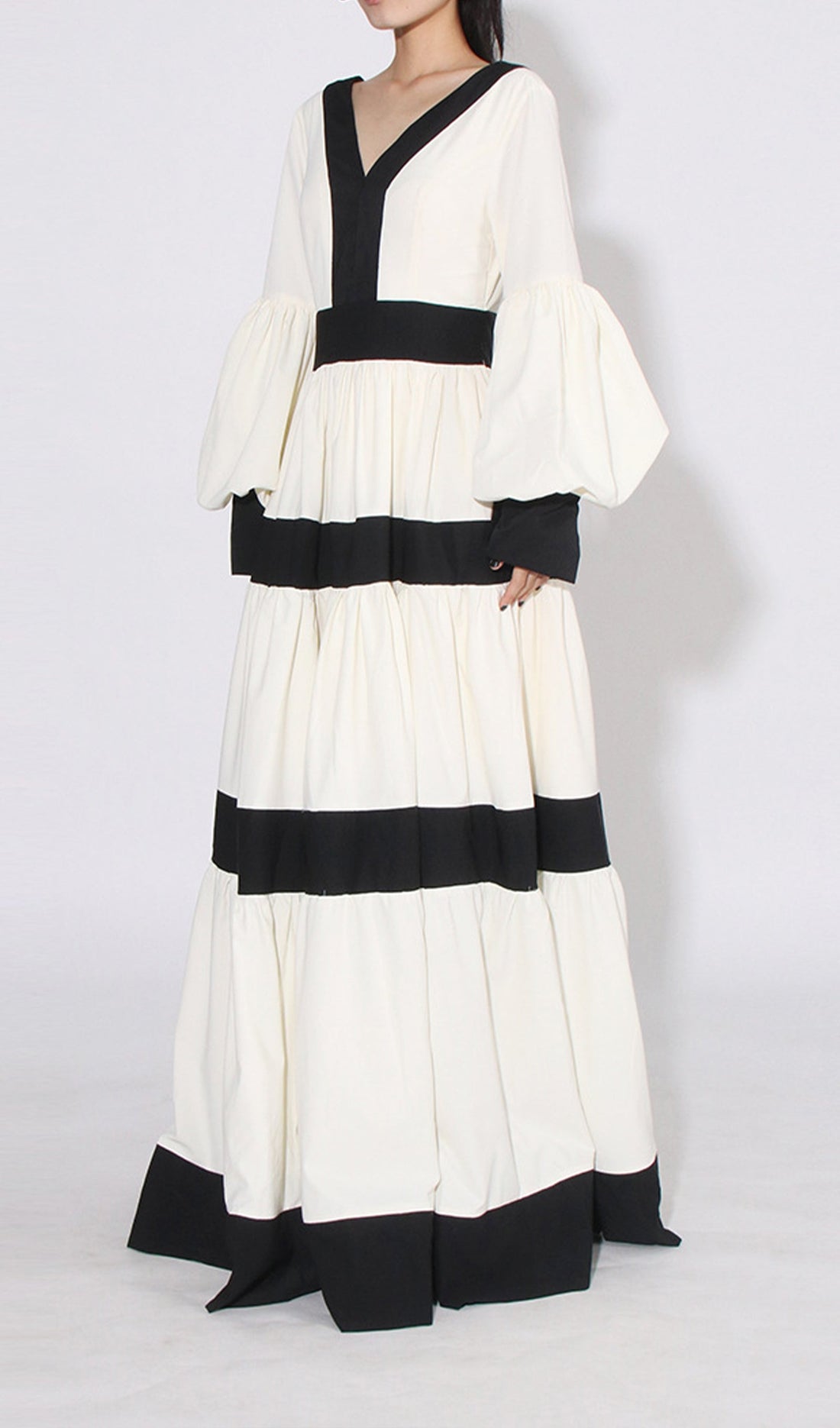 Siyah Beyaz Patchwork Maksi Elbise