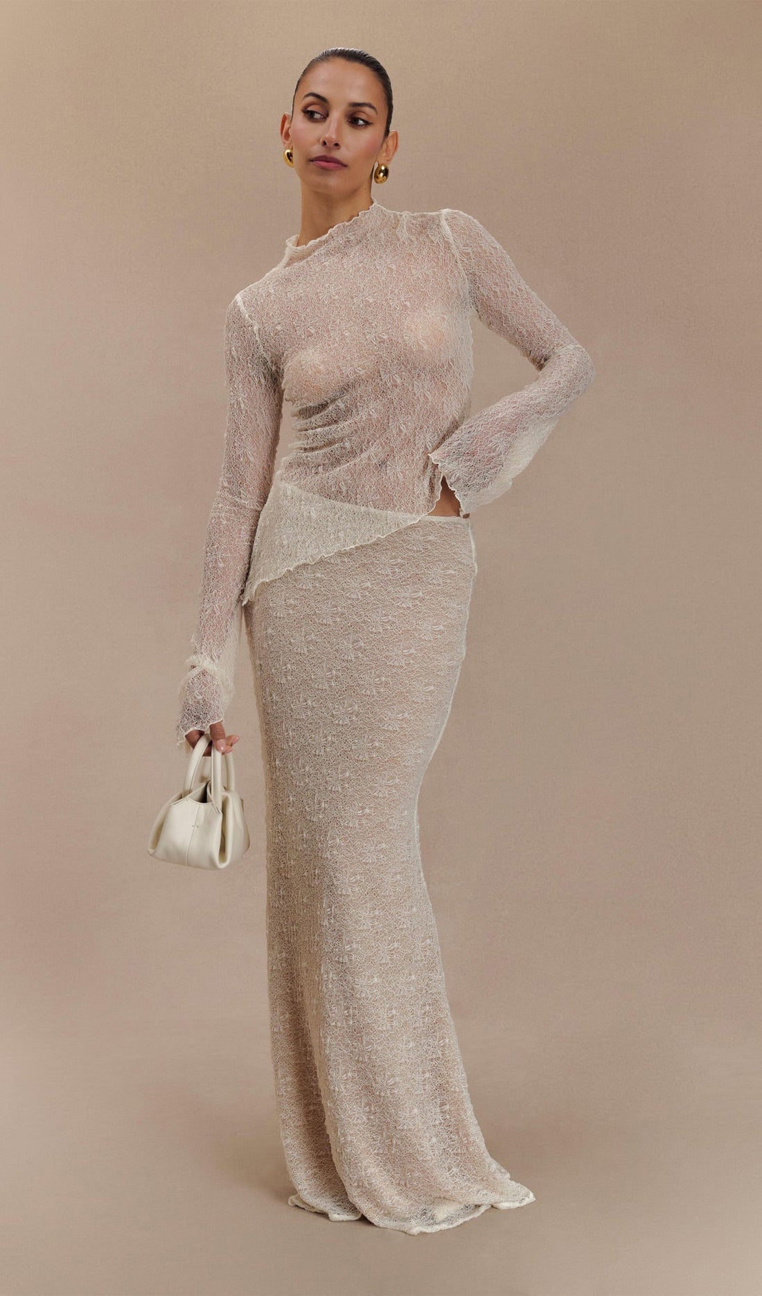 Şeffaf Dantel Maksi Etek - Fildişi