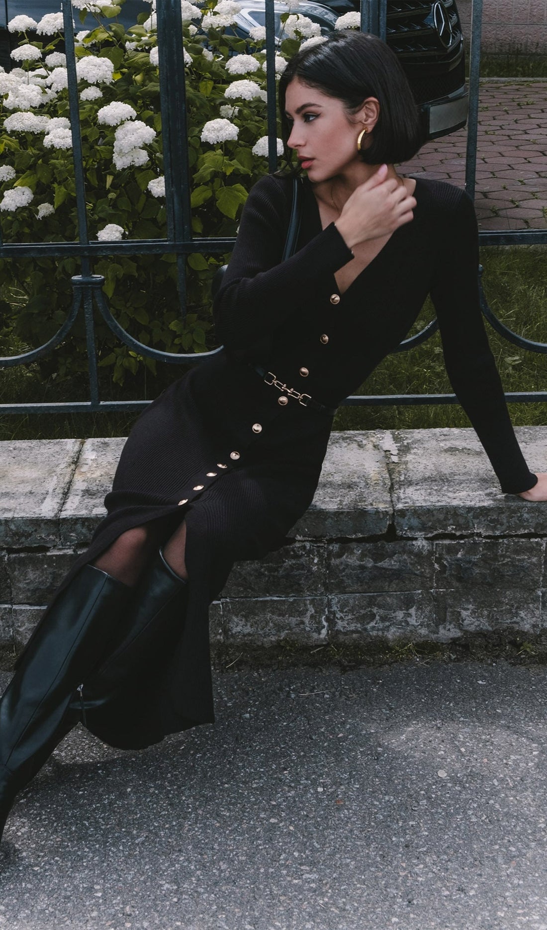 Örme V Yaka Midi Elbise -Siyah