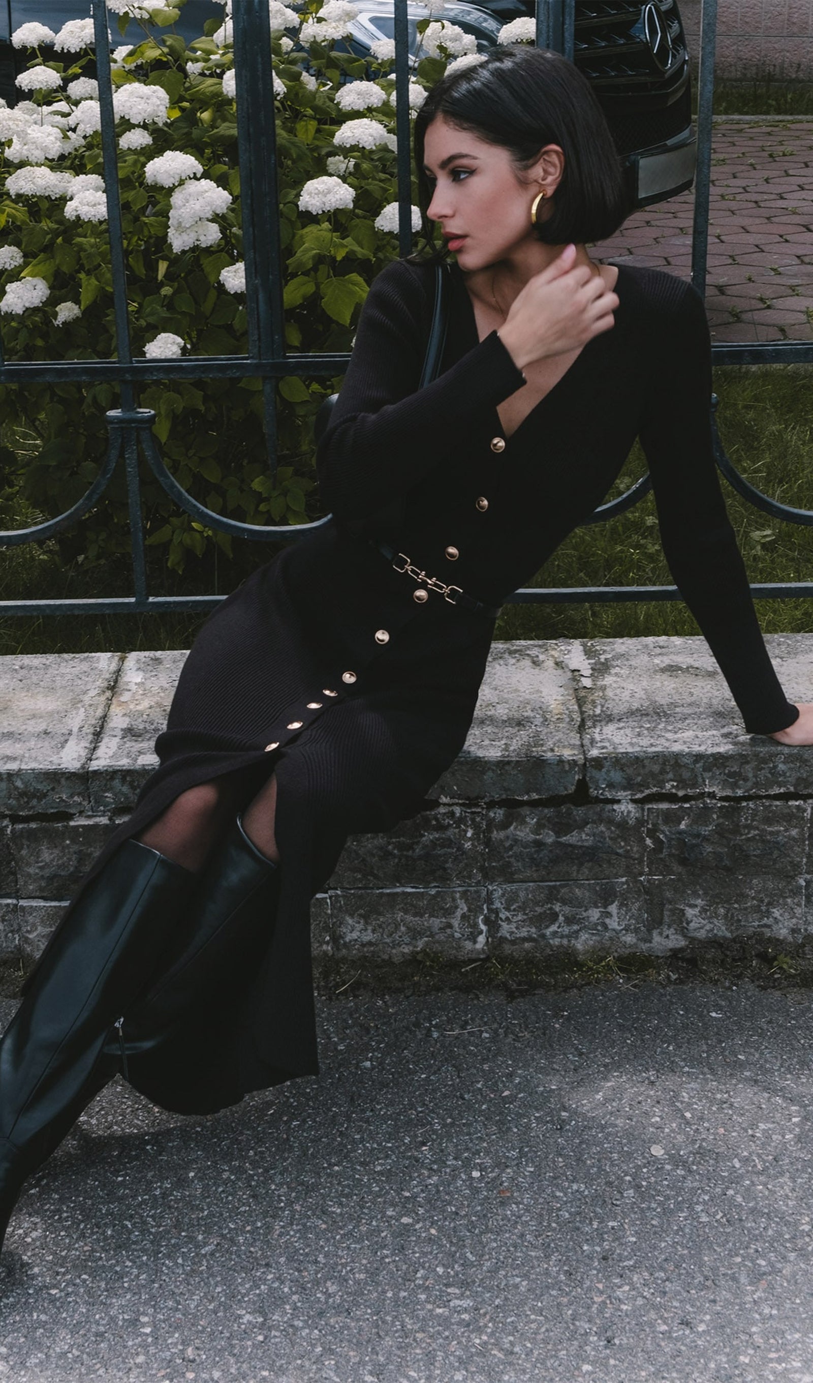 Örme V Yaka Midi Elbise -Siyah