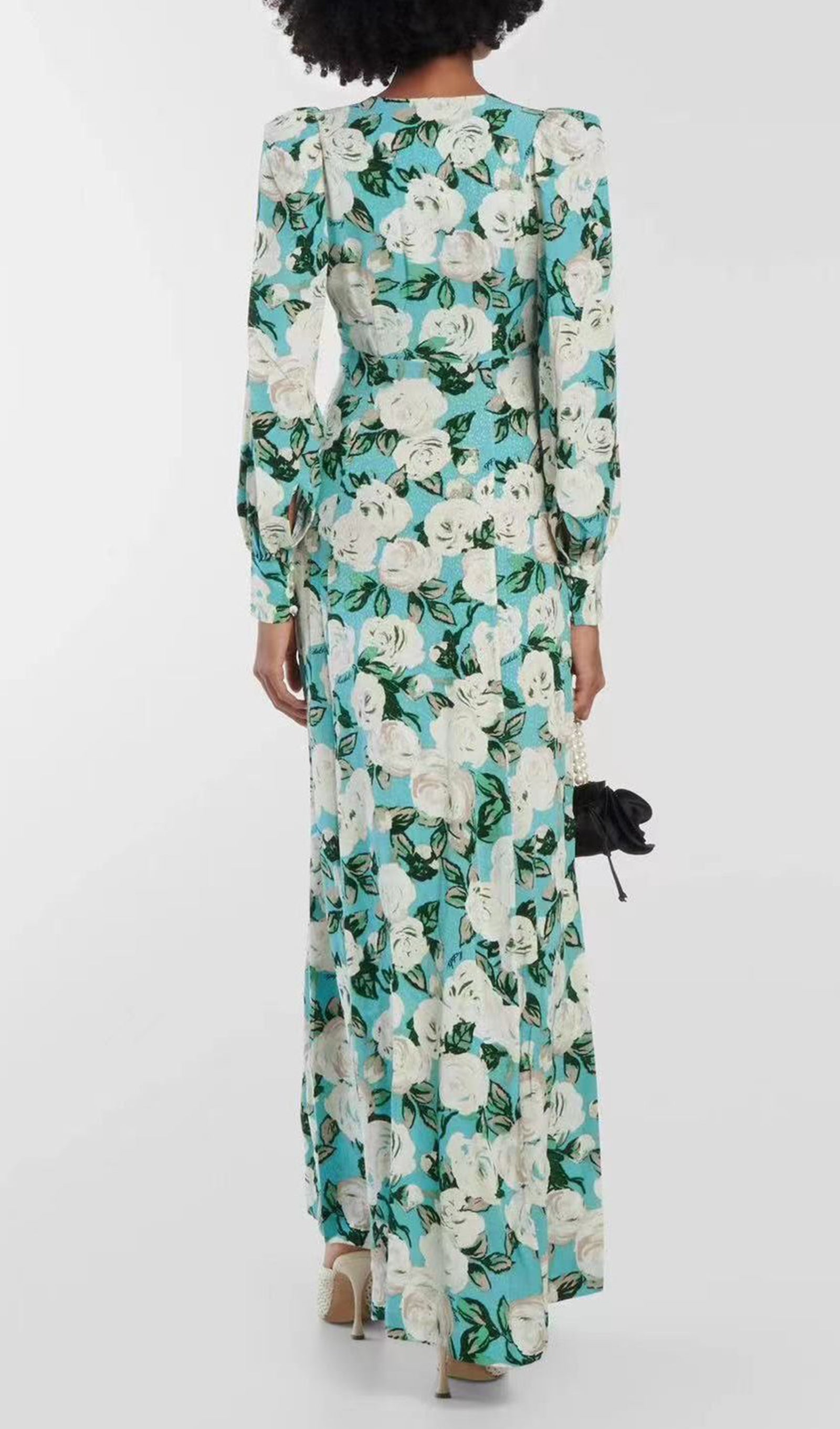 Çiçekli V Yaka A Line Maksi Elbise