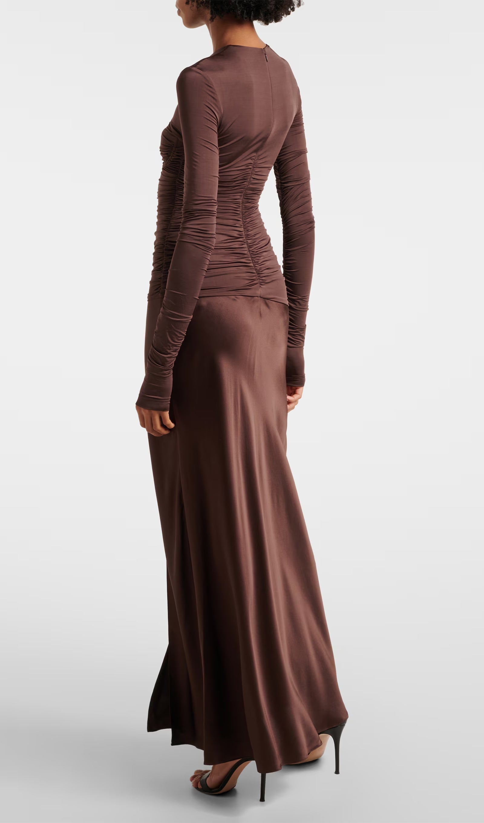 Drapeli Jersey ve Saten Maksi Elbise-Kahverengi