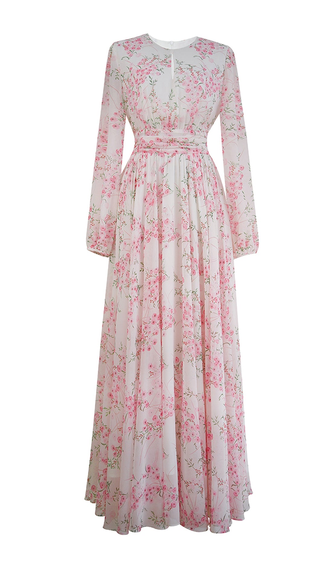 Uzun Kollu Çiçekli Fit ve Flare Maksi Elbise