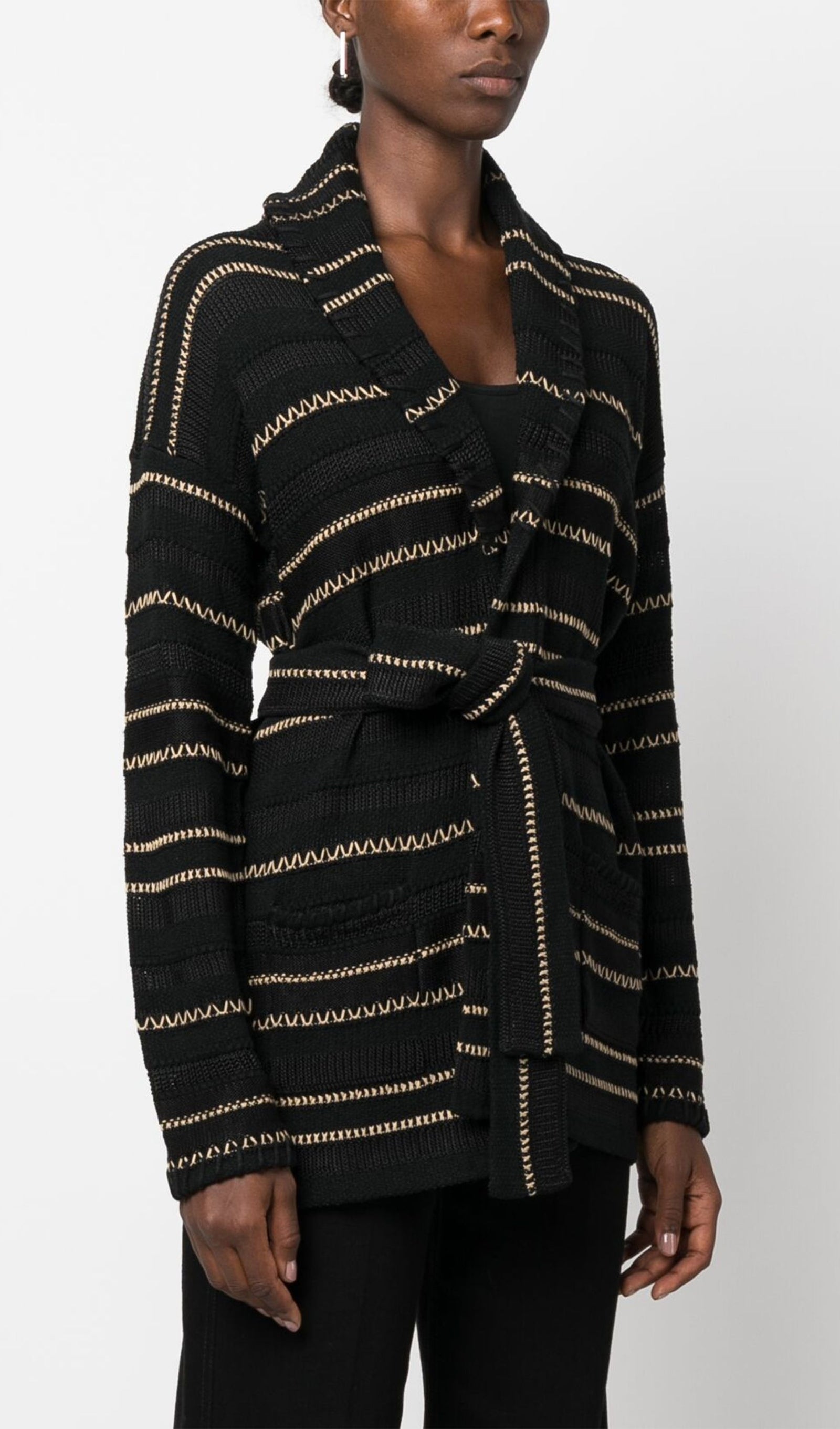 Kontrast Dikişli Kuşaklı Hırka