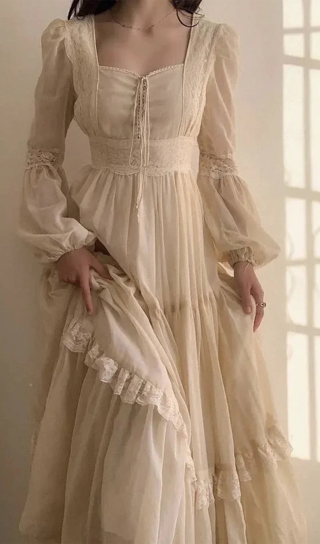 Vintage Kare Yaka A Line Maksi Elbise