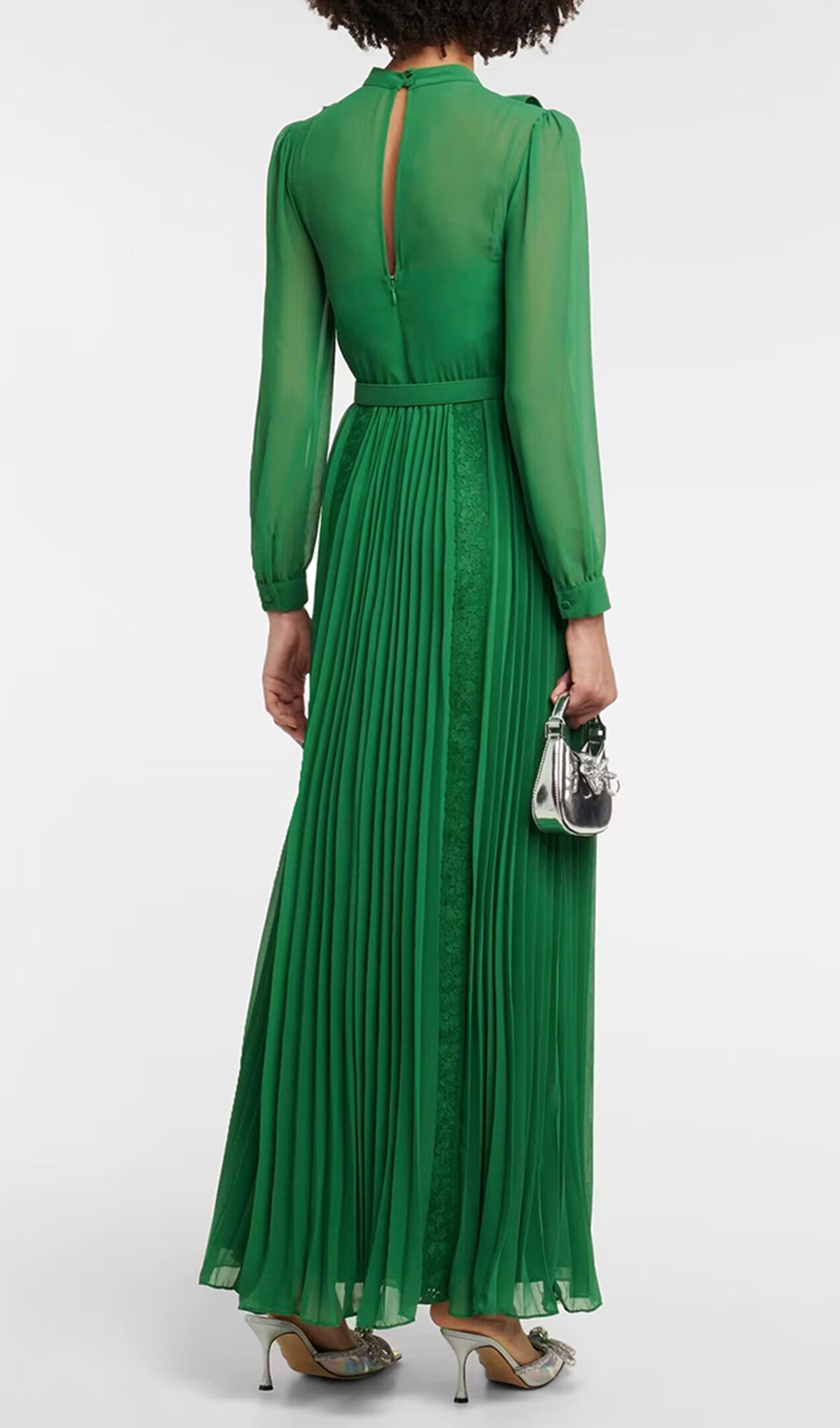 Fit ve Flare Maksi Fırfırlı Pileli Dantel Elbise Yeşil