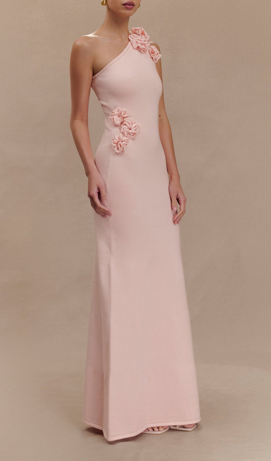 Tek Omuz Çiçekli Örgü Maksi Elbise - Bebek Pembesi