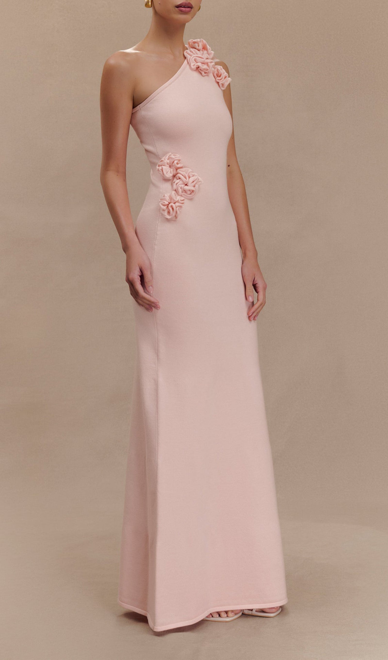 Tek Omuz Çiçekli Örgü Maksi Elbise - Bebek Pembesi