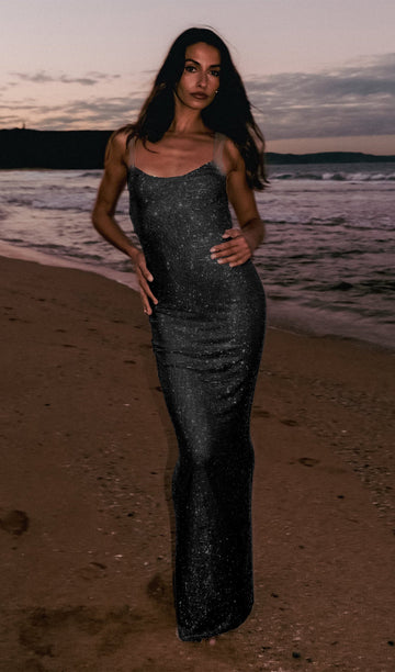 Hot Fix File Sırtlı Maksi Elbise Siyah