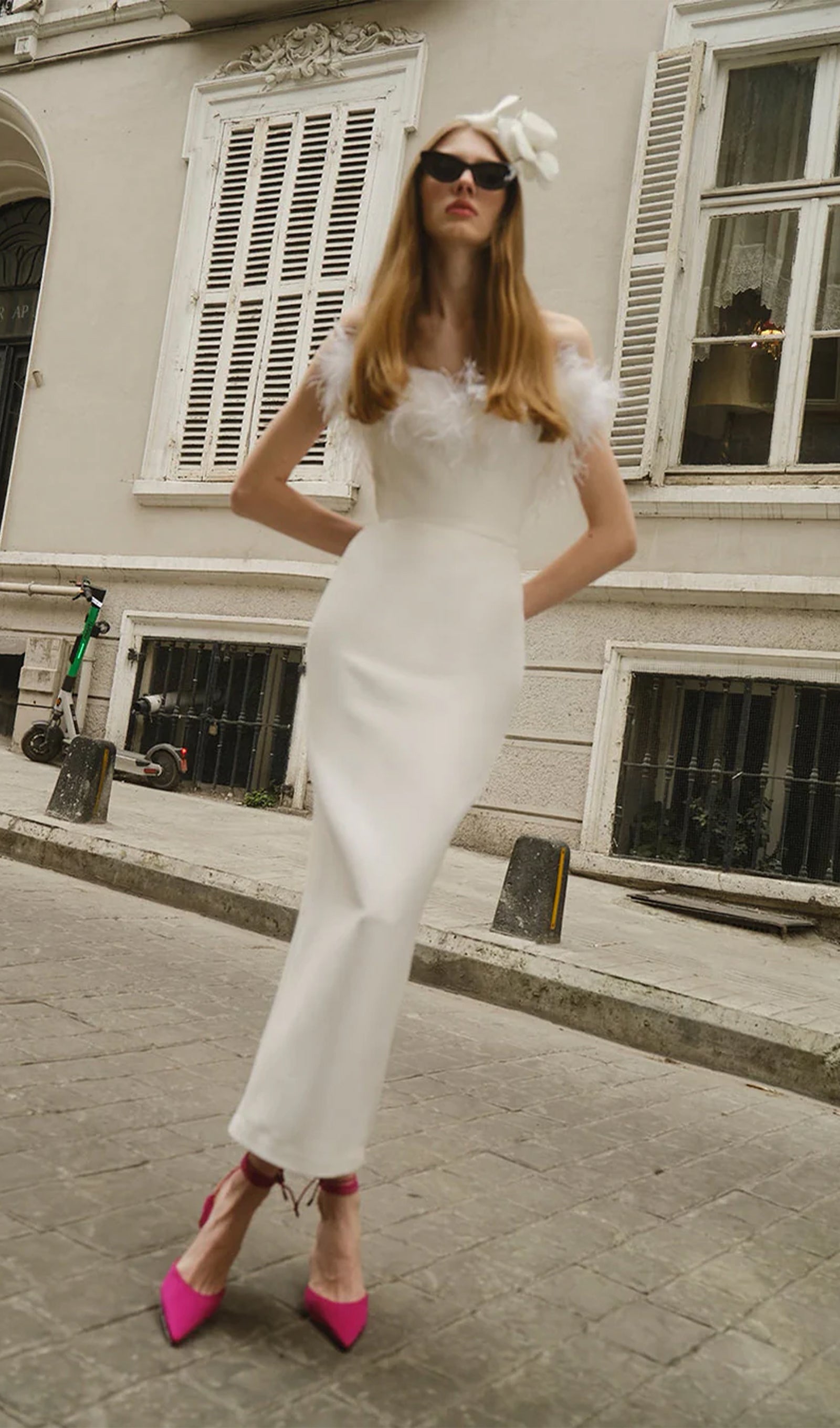 Lena Tüy Süslemeli Midi Elbise Beyaz